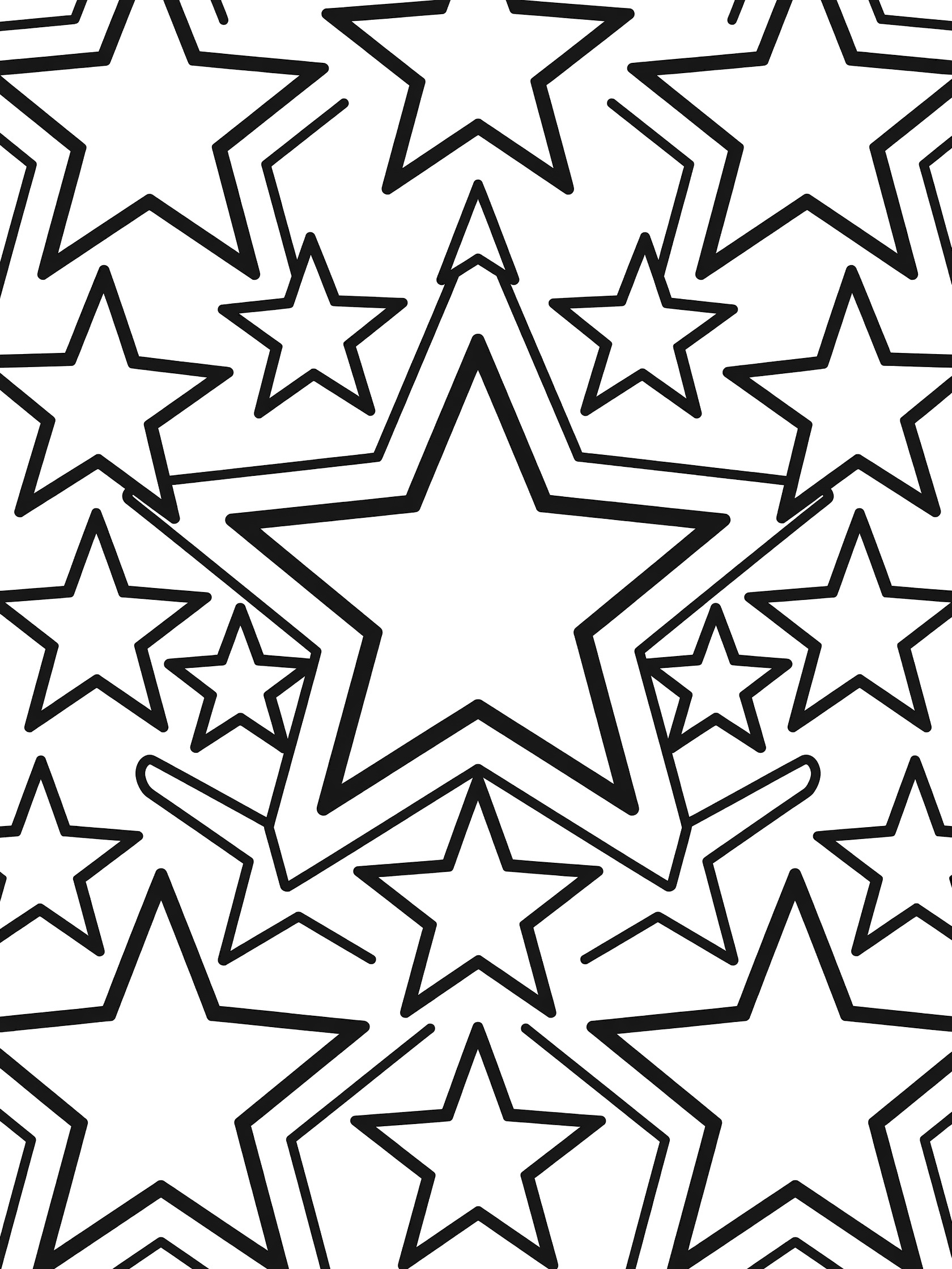 Black and white line art coloring page featuring a large five-pointed star in the center with smaller identical stars repeating outward in geometric layers.