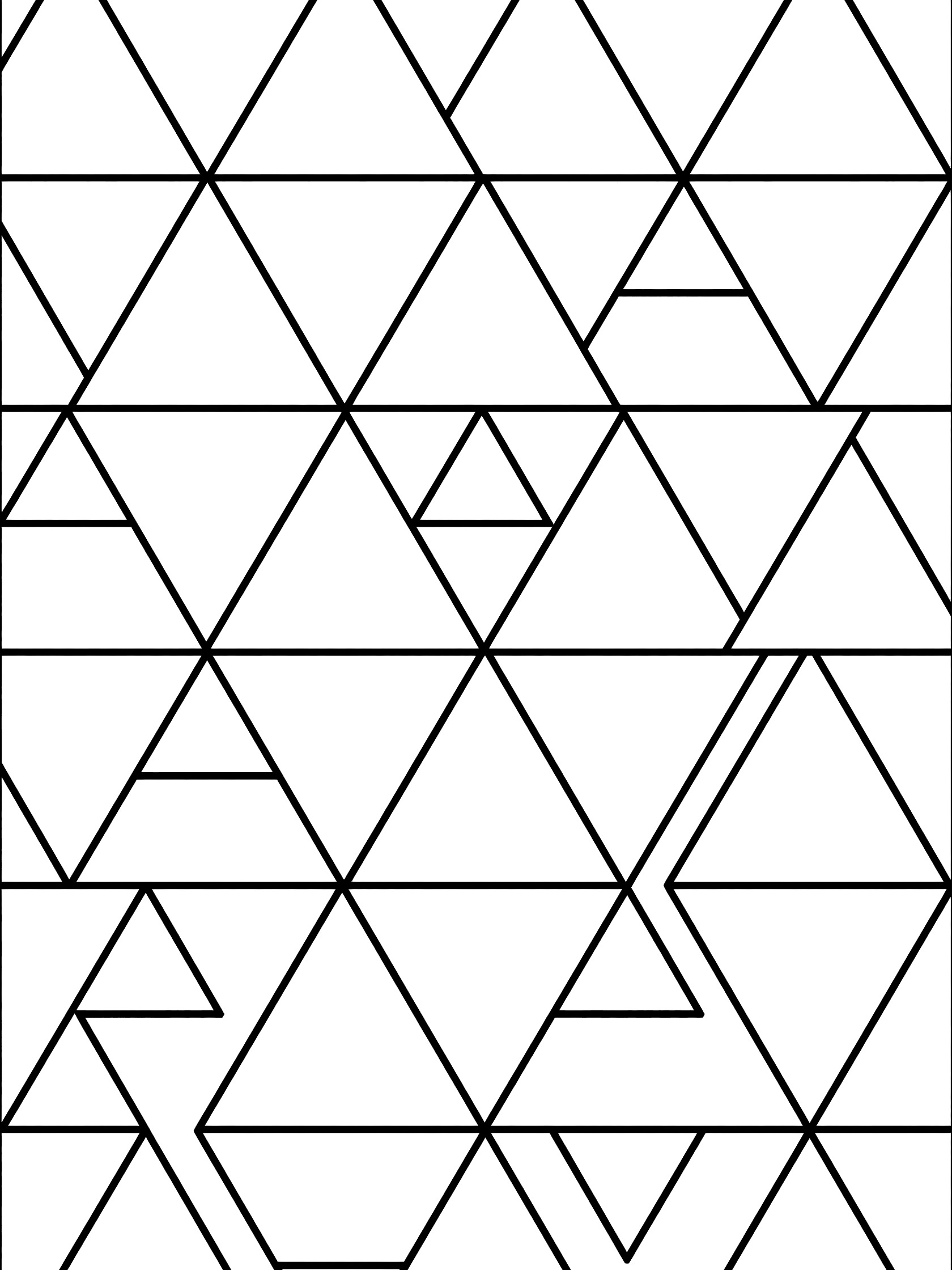 Black and white coloring page of interlocking equilateral triangles tessellating across the page with bold outlines.
