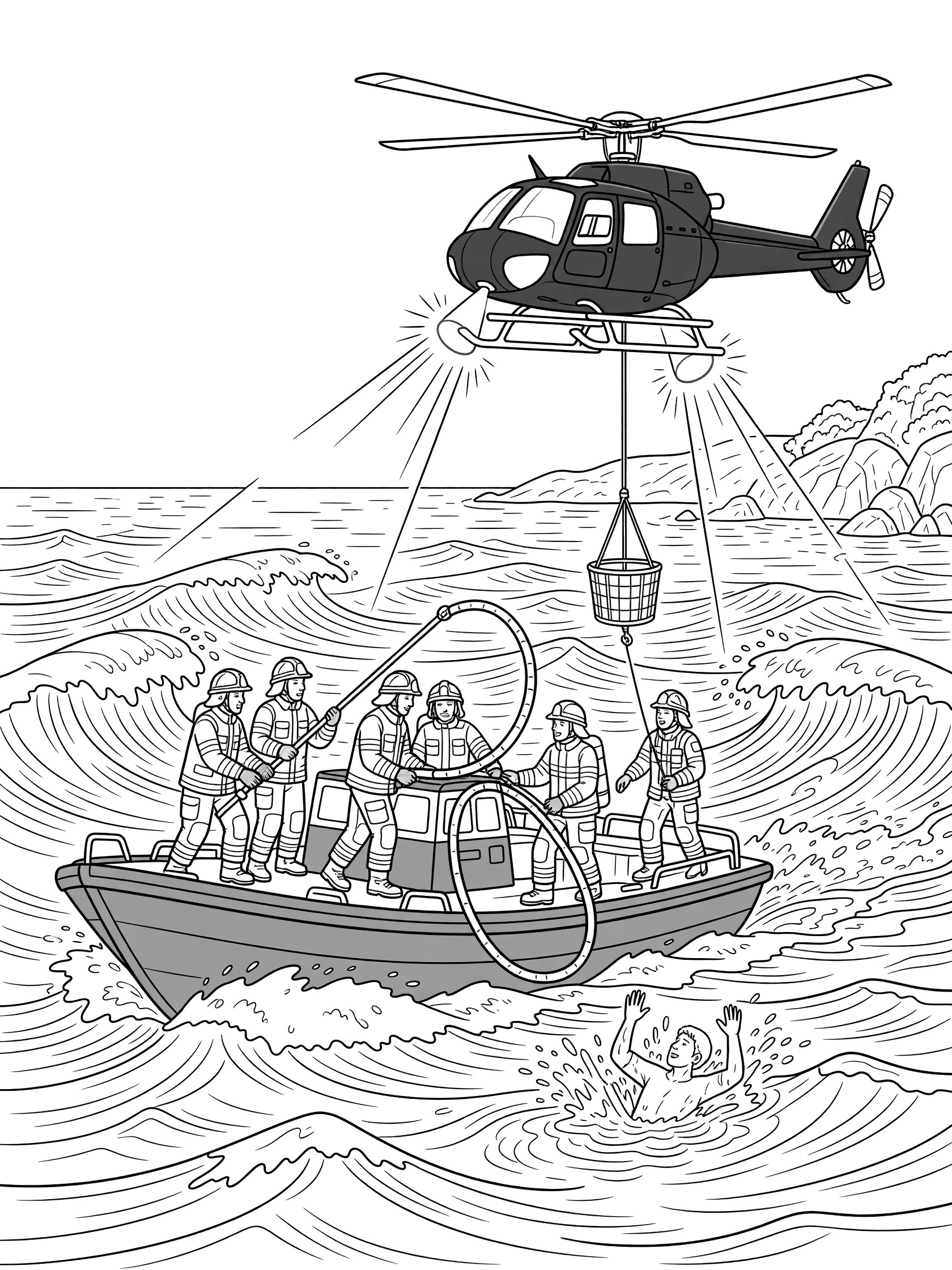 Black and white line art coloring page of an orange rescue boat with firefighters extending a hoop to a swimmer, red helicopter lowering a basket overhead, ocean waves and rocky shore.