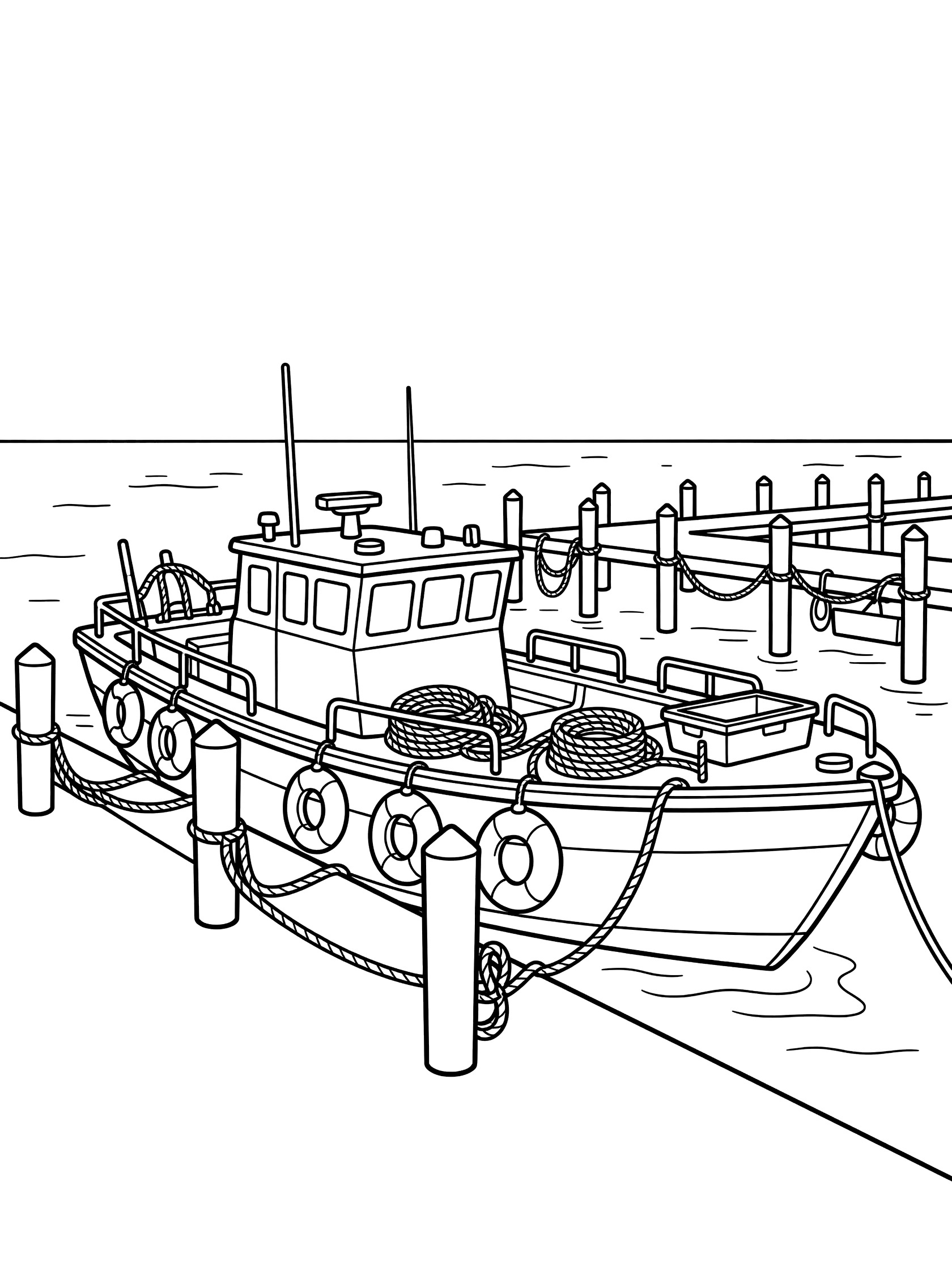 Black and white line art coloring page showing a rescue boat docked at a harbor with posts, ropes, life buoys, and coiled ropes.