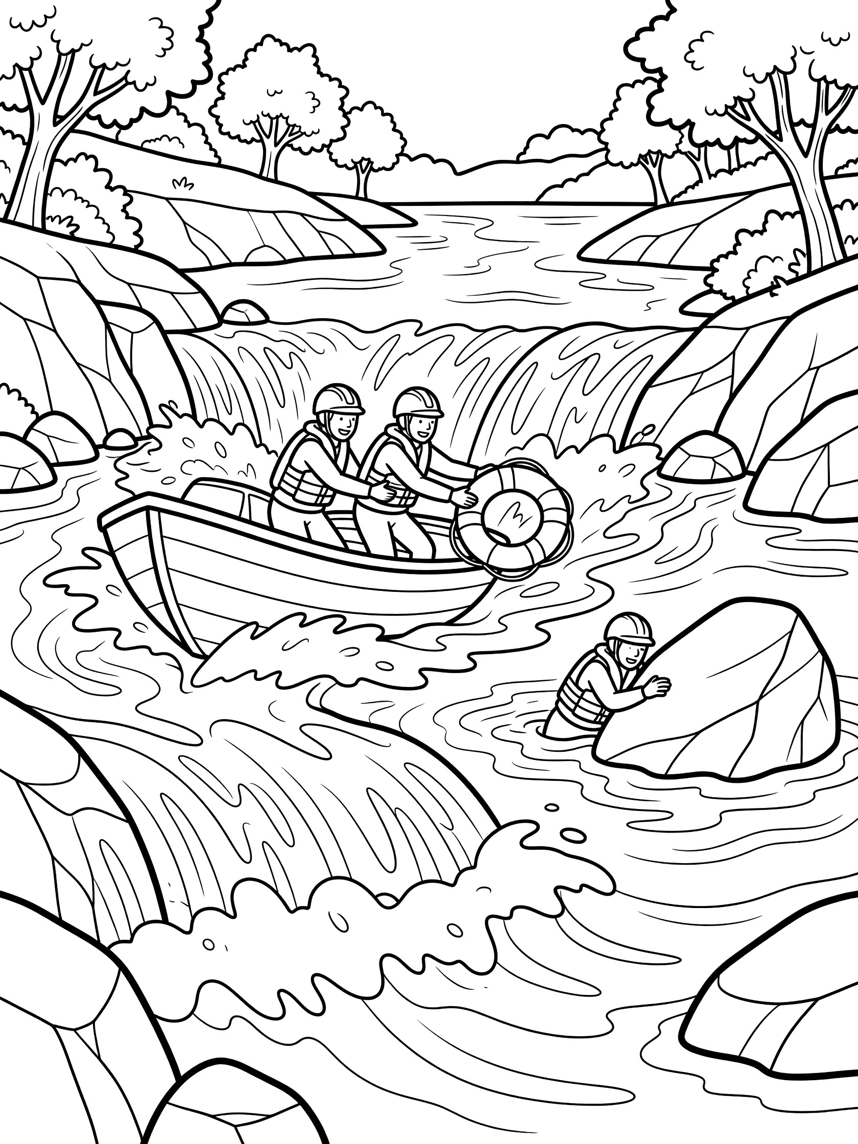 Black and white coloring page of two firefighters in a boat with a life ring rescuing a swimmer from river rapids with waterfalls, rocks, and trees.