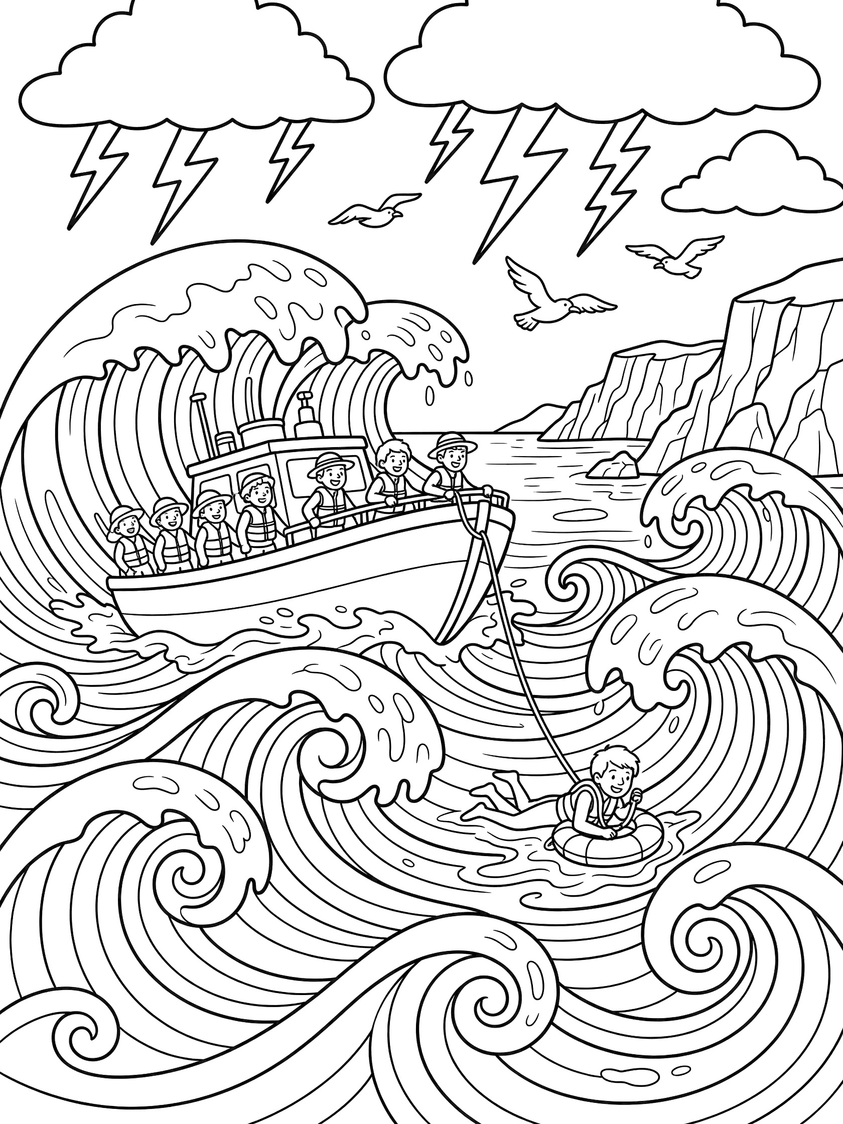 Black and white line art of a rescue boat in choppy stormy seas, rescuers helping swimmer on buoy, with waves, rain clouds, lightning, seagulls, and rocky cliffs.