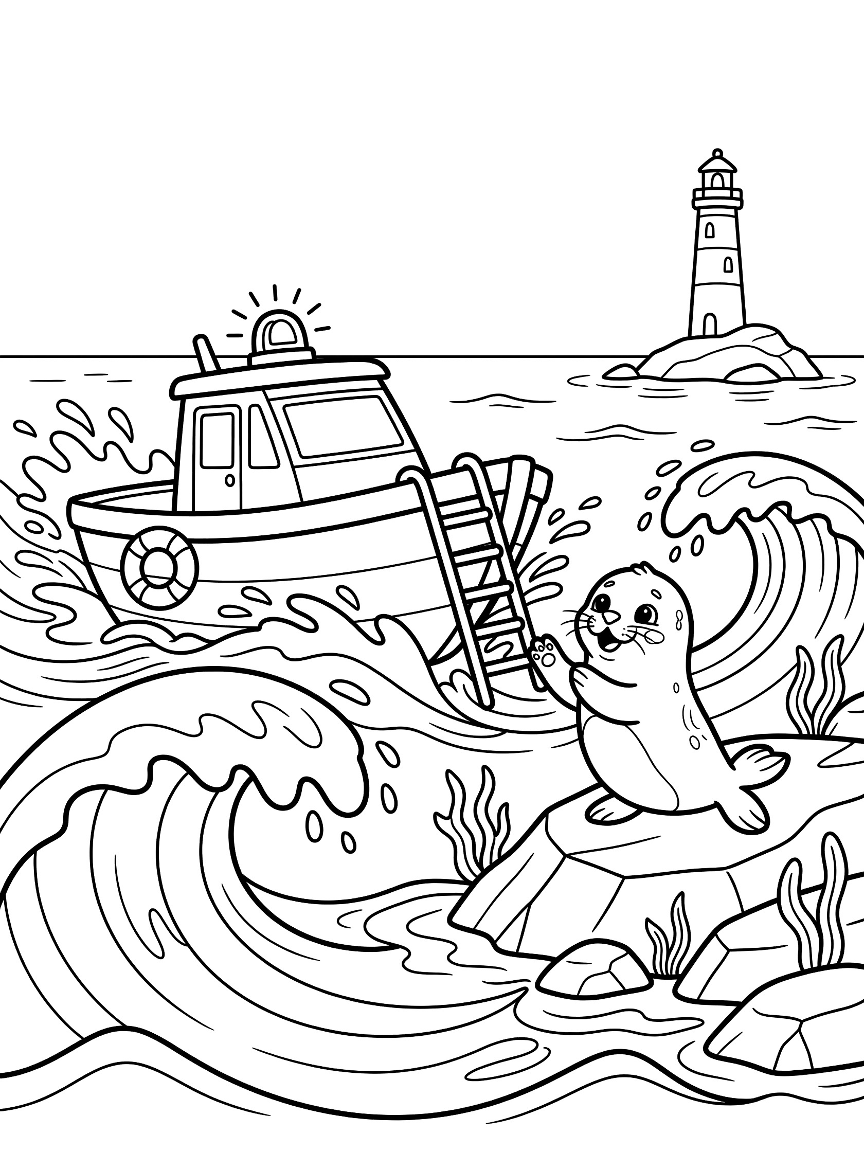 Black and white line art of a rescue boat with siren and ladder helping a cute baby seal on a rocky outcrop amid choppy waves and distant lighthouse.