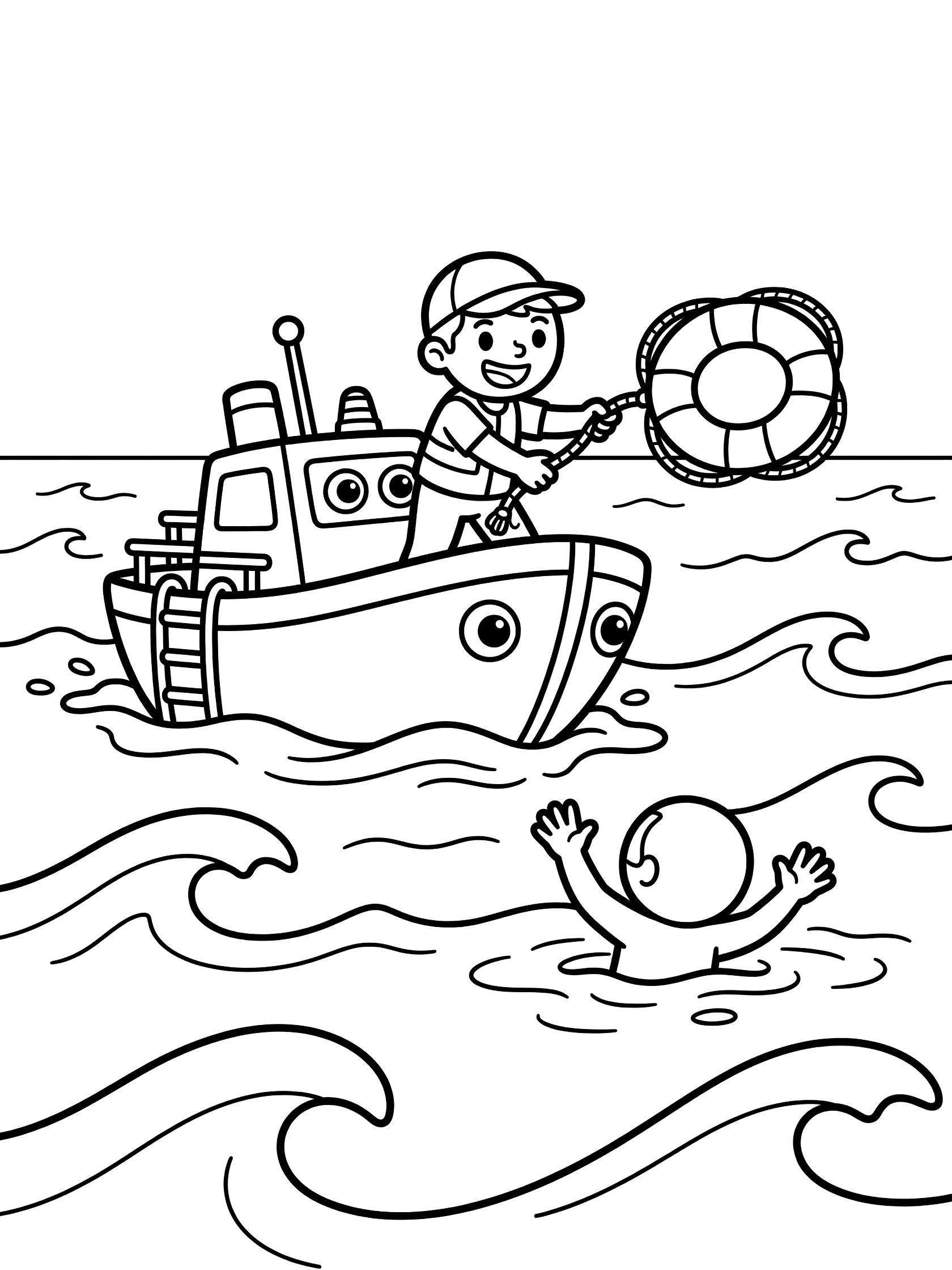 Black and white line art of a rescue boat with friendly eyes and a rescuer throwing a life preserver to a stranded swimmer treading water amid waves.