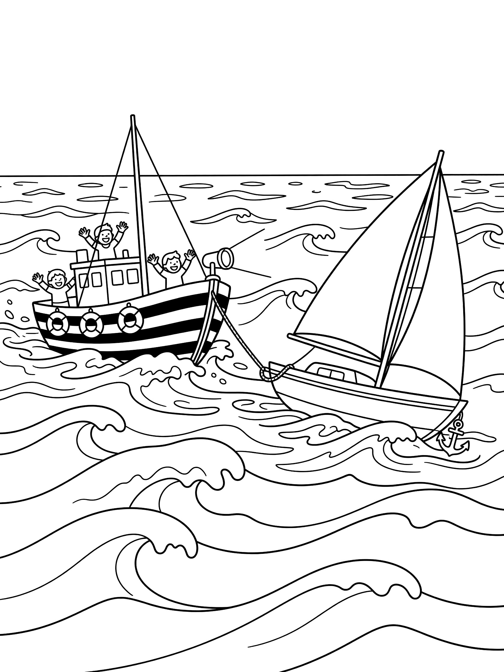 Rescue boat with waving crew, stripes, mast, spotlight and life preservers towing a tilting sailboat with floppy sails and anchor across choppy waves coloring page