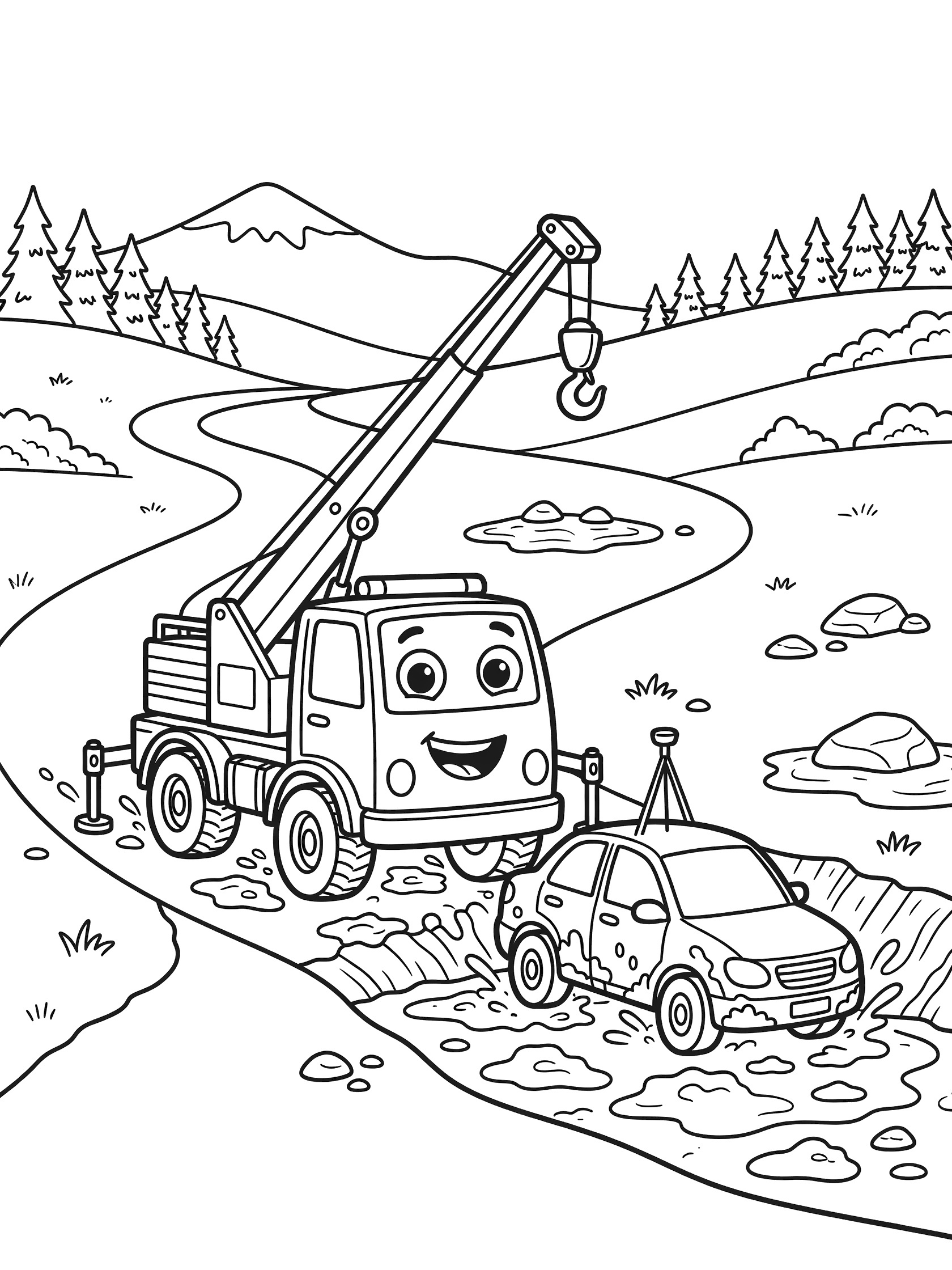 Cute cartoon crane truck with big eyes using its long arm and hook to rescue a small car stuck in mud on a winding road, with rocks, puddles, hills, pine trees, and mountains.
