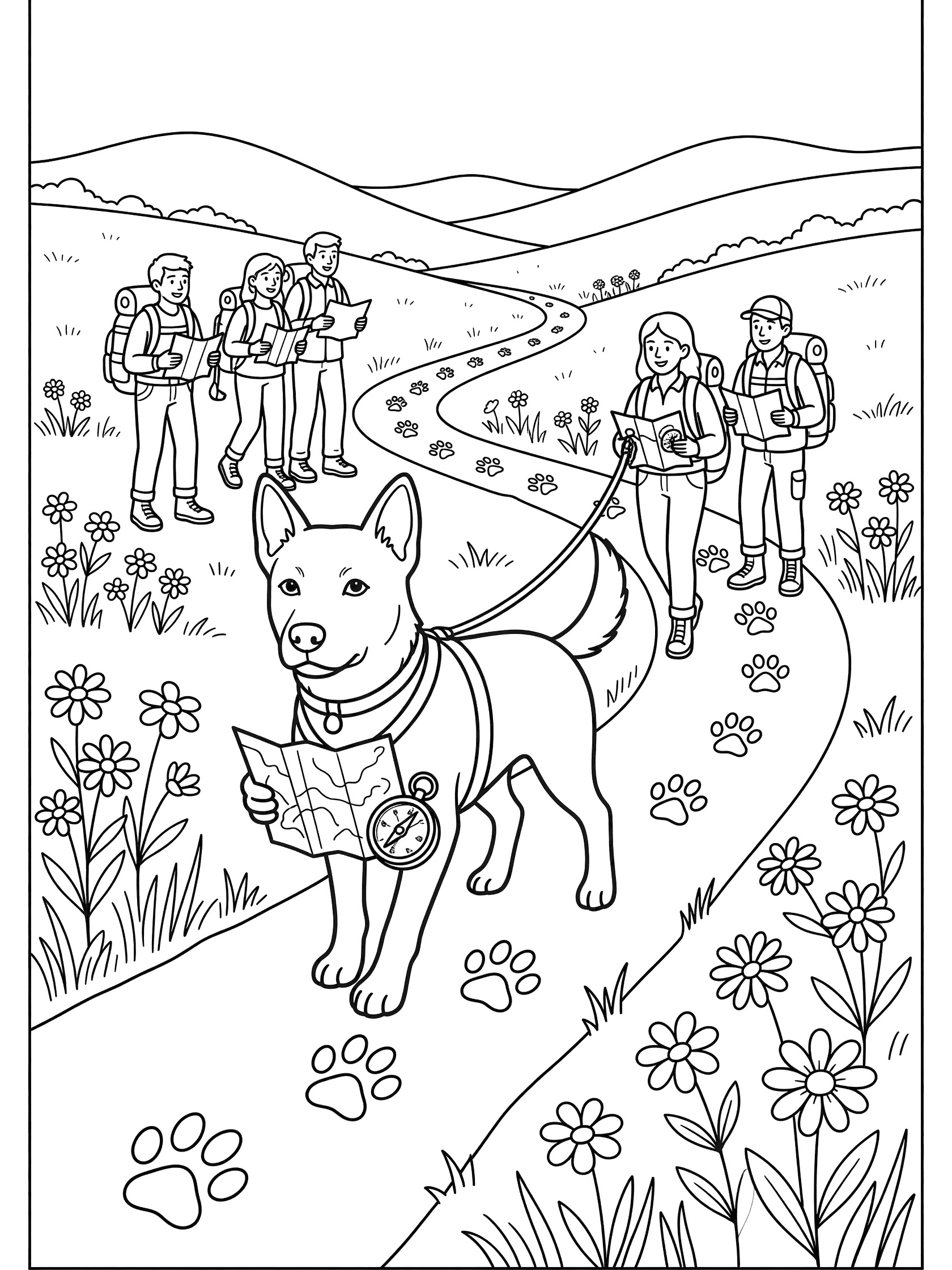 Black and white coloring page of a rescue dog with collar leading a group of hikers on a winding trail marked by paw prints through wildflowers and rolling hills. Rescue Dogs themed black and white printable line art