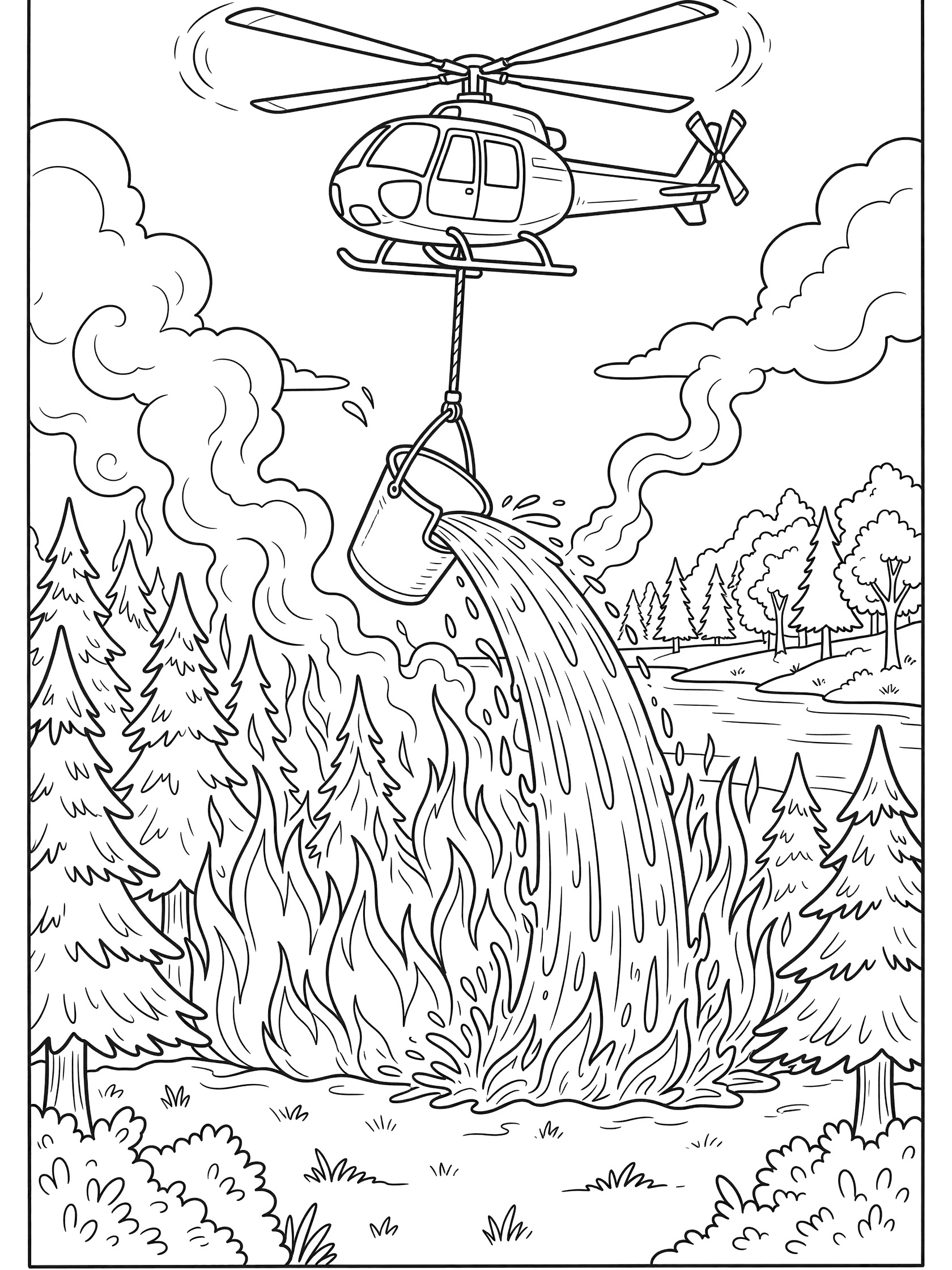 Line art coloring page showing a rescue helicopter with spinning rotors dangling a water bucket over a forest fire with pine trees, flames, smoke, and a river in the background.
