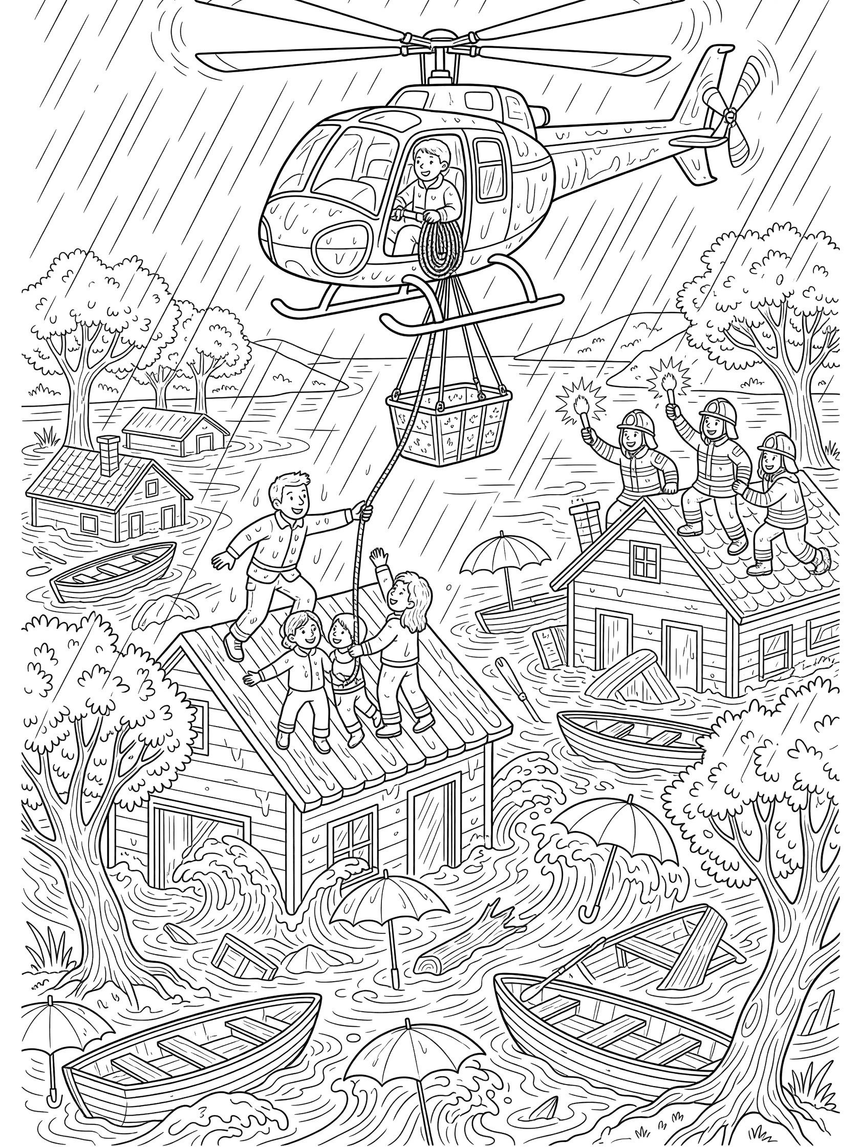 Black-and-white coloring page of a rescue helicopter with pilot lowering a basket to a family on a flooded house rooftop, surrounded by water, trees, rowboats, umbrellas, and firefighters signaling with flares.