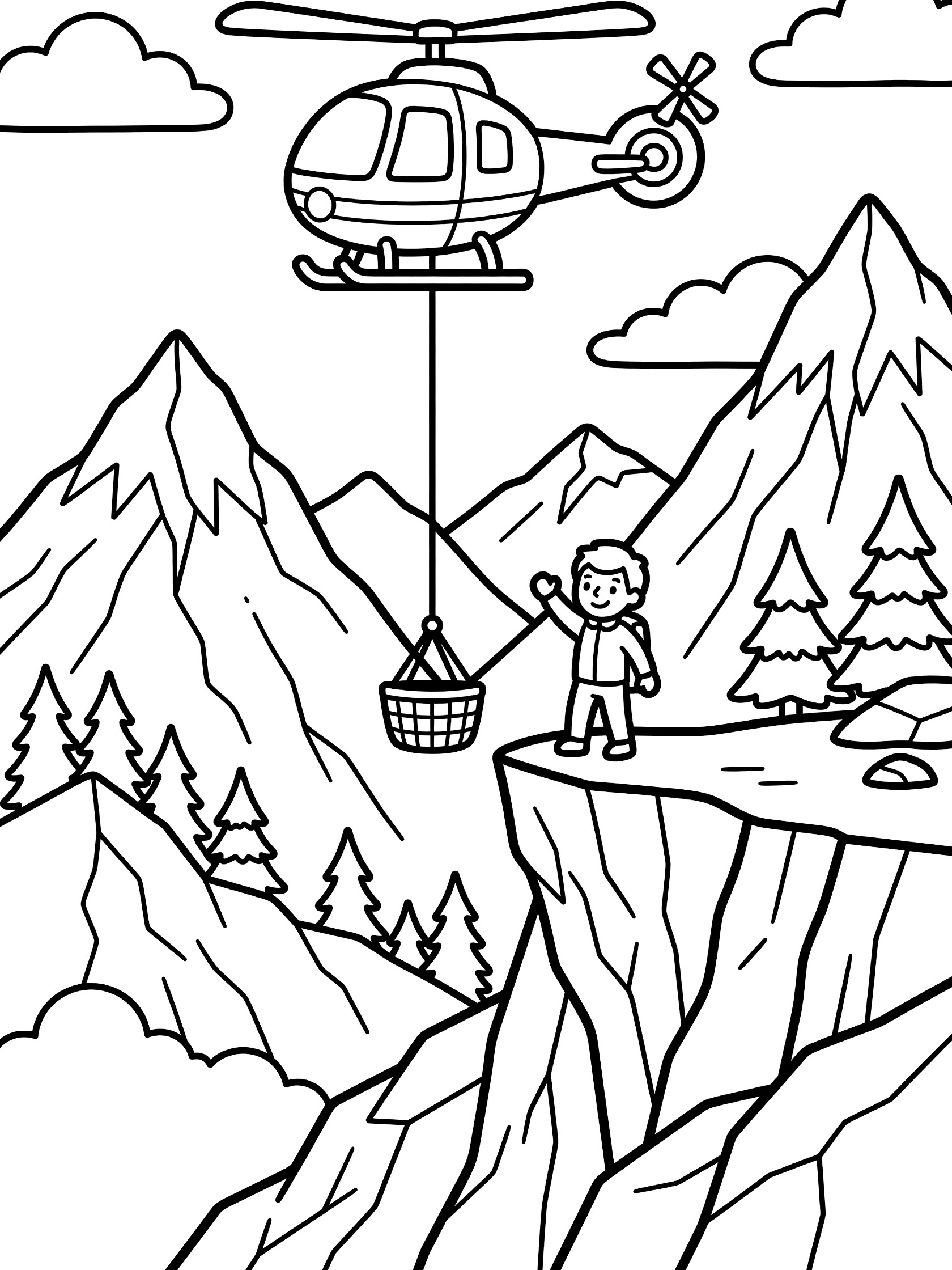 Black and white line art of a helicopter rescuing a boy from a mountain cliff with trees, peaks, and clouds