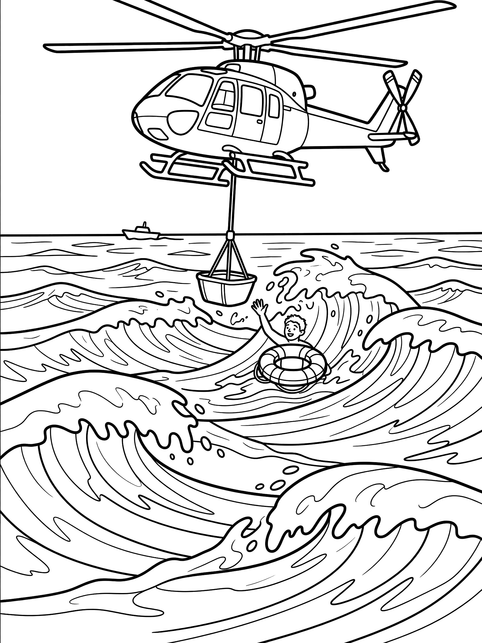 Black and white line art of a rescue helicopter on an ocean rescue, with rotors spinning, cable and basket to a waving swimmer holding a life preserver amid waves and a distant boat.