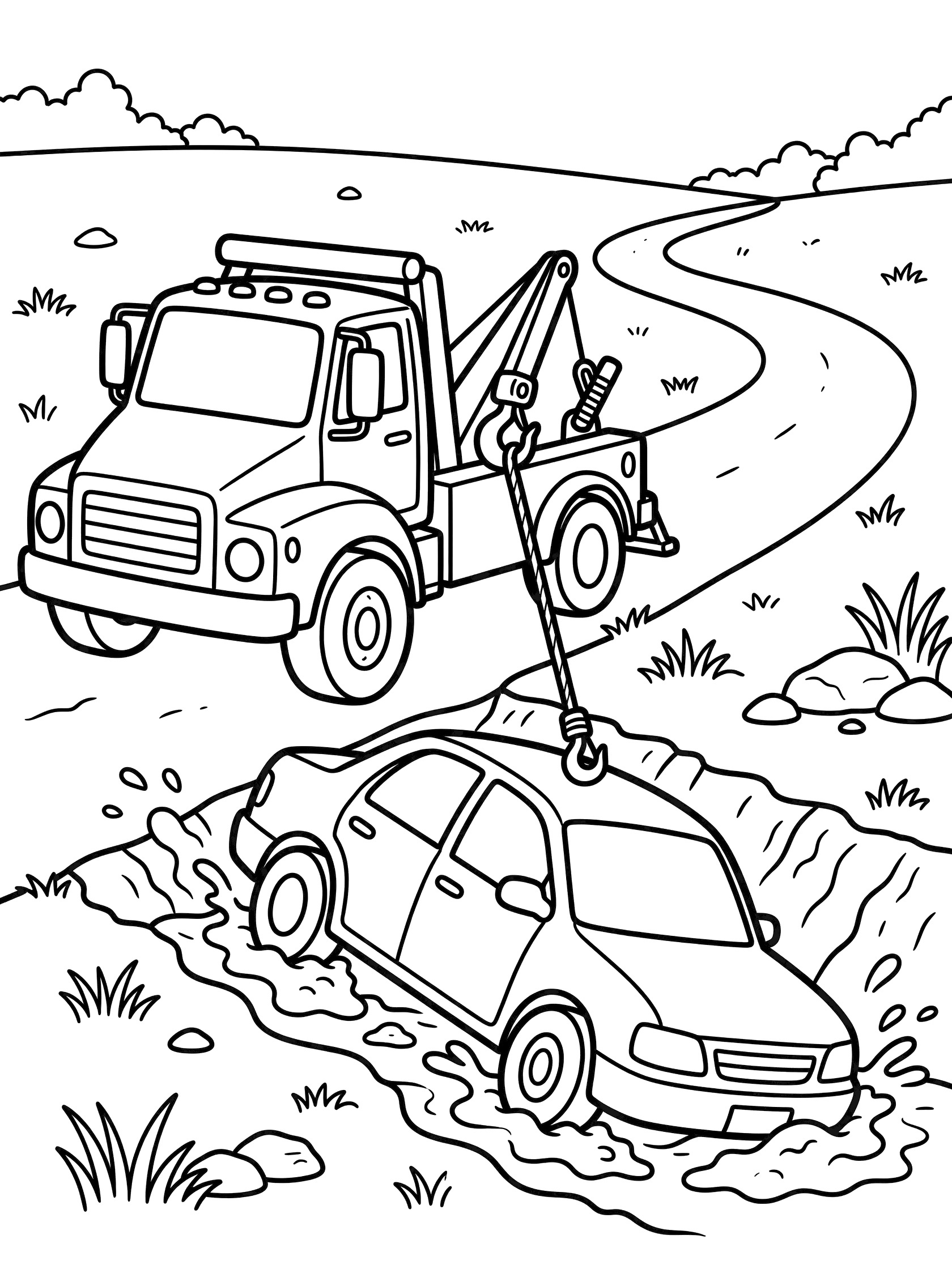 Black and white coloring page showing a rescue truck with winch cable towing a tilted car out of a muddy ditch next to a dirt road.