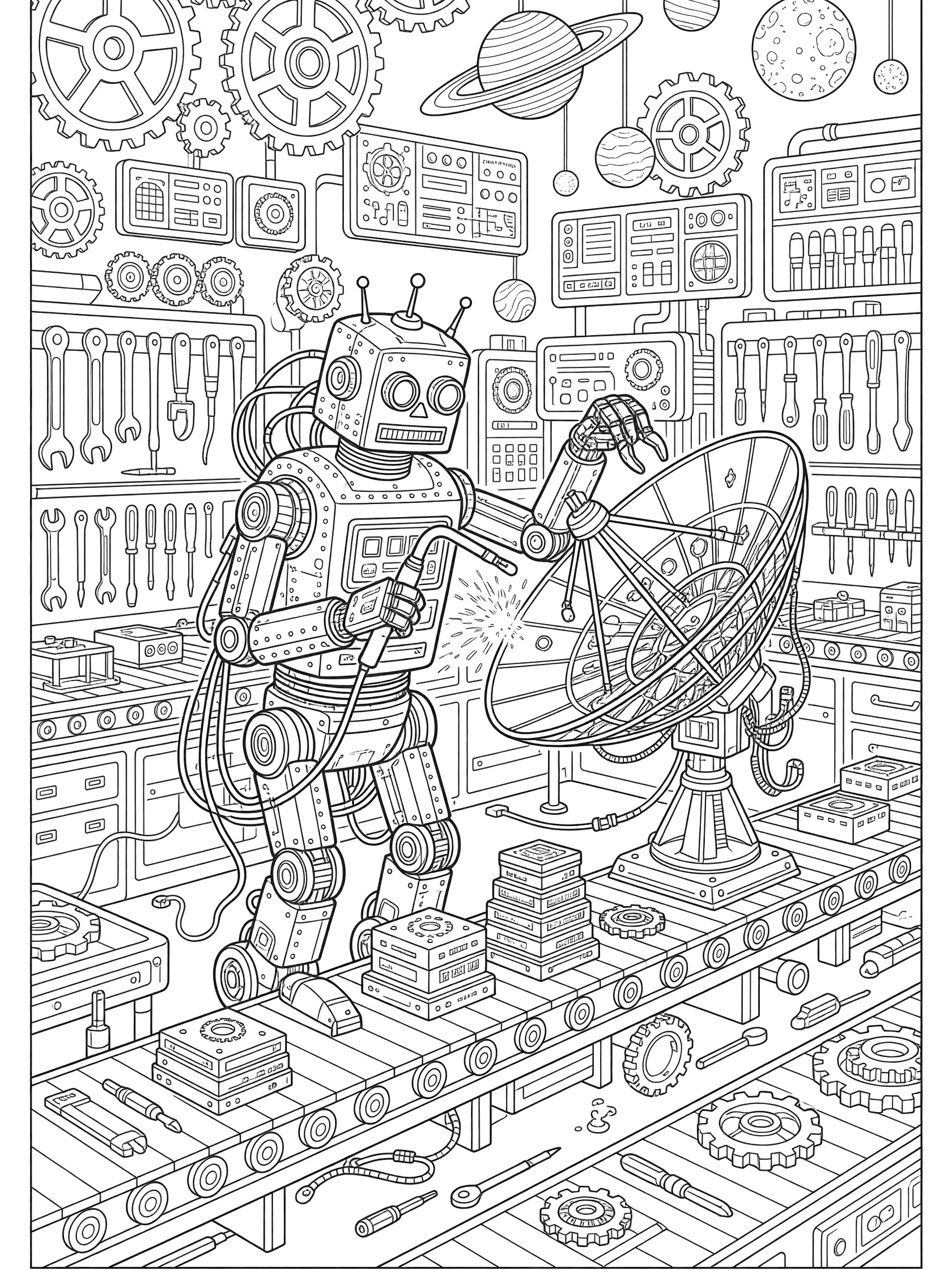 Black and white line art coloring page showing a retro robot with welding arm and grippers building a large satellite on a conveyor belt in a detailed sci-fi laboratory
