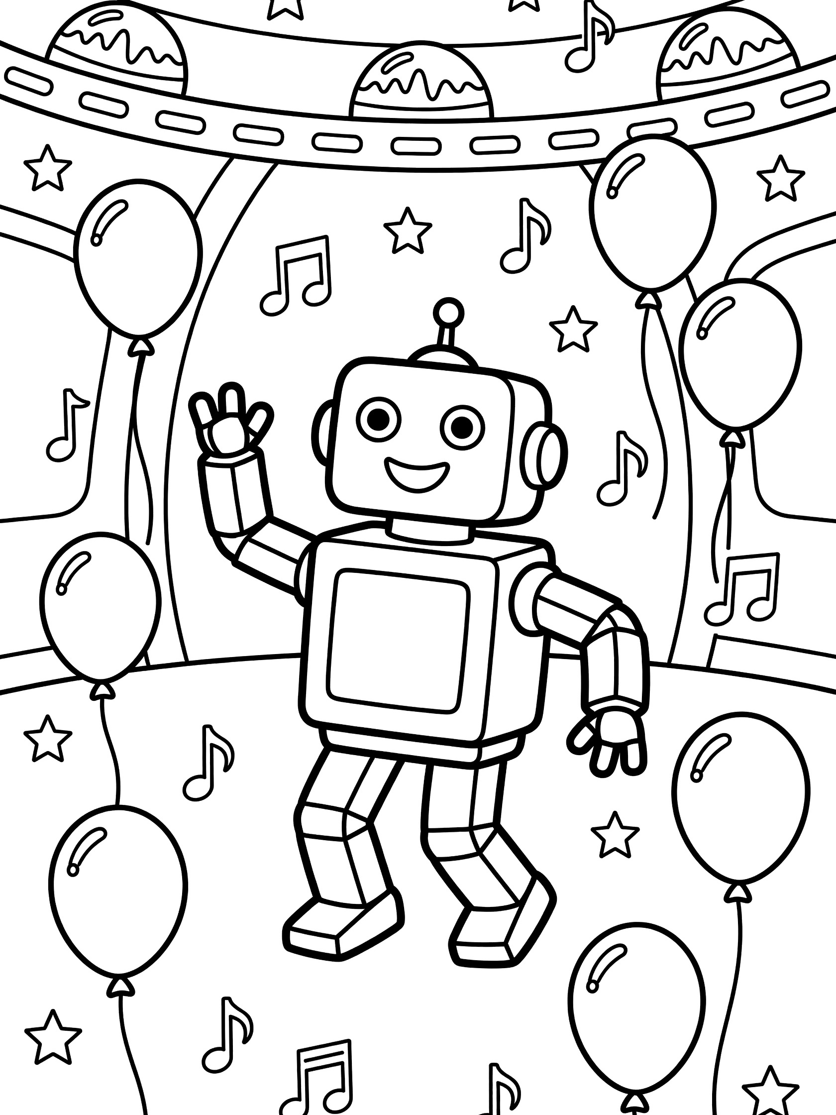 Retro robot with square body and limbs dancing happily surrounded by floating balloons, music notes, stars, and dome shapes at a space station party - line art coloring page