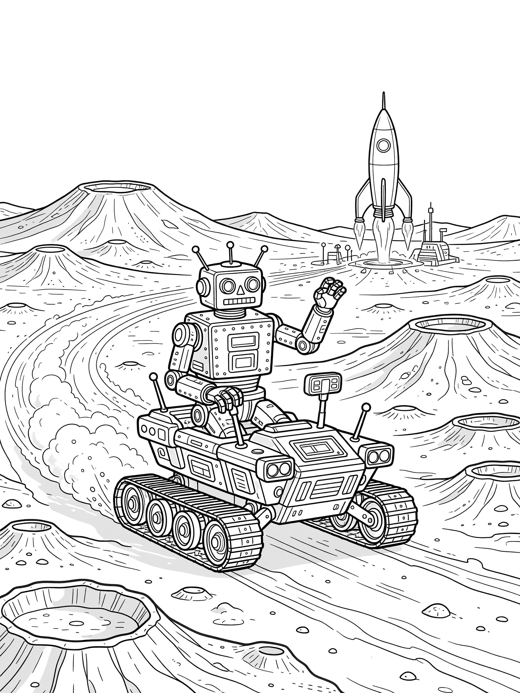 Retro robot driving a rugged lunar rover over dusty moon hills, kicking up regolith trails, with a tall rocket ship landing nearby.