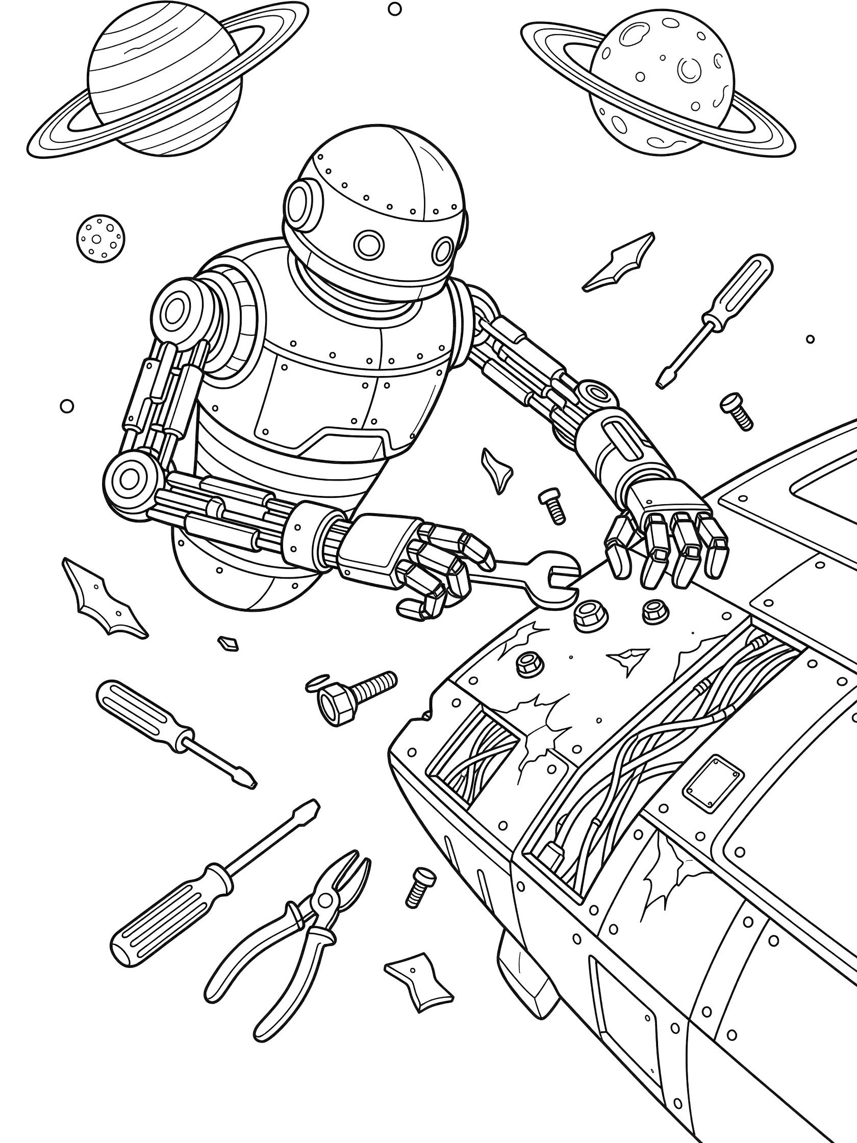 Retro robot in zero gravity repairing a broken spaceship panel with wrench and screwdriver, surrounded by drifting tools, bolts, and distant planets coloring page