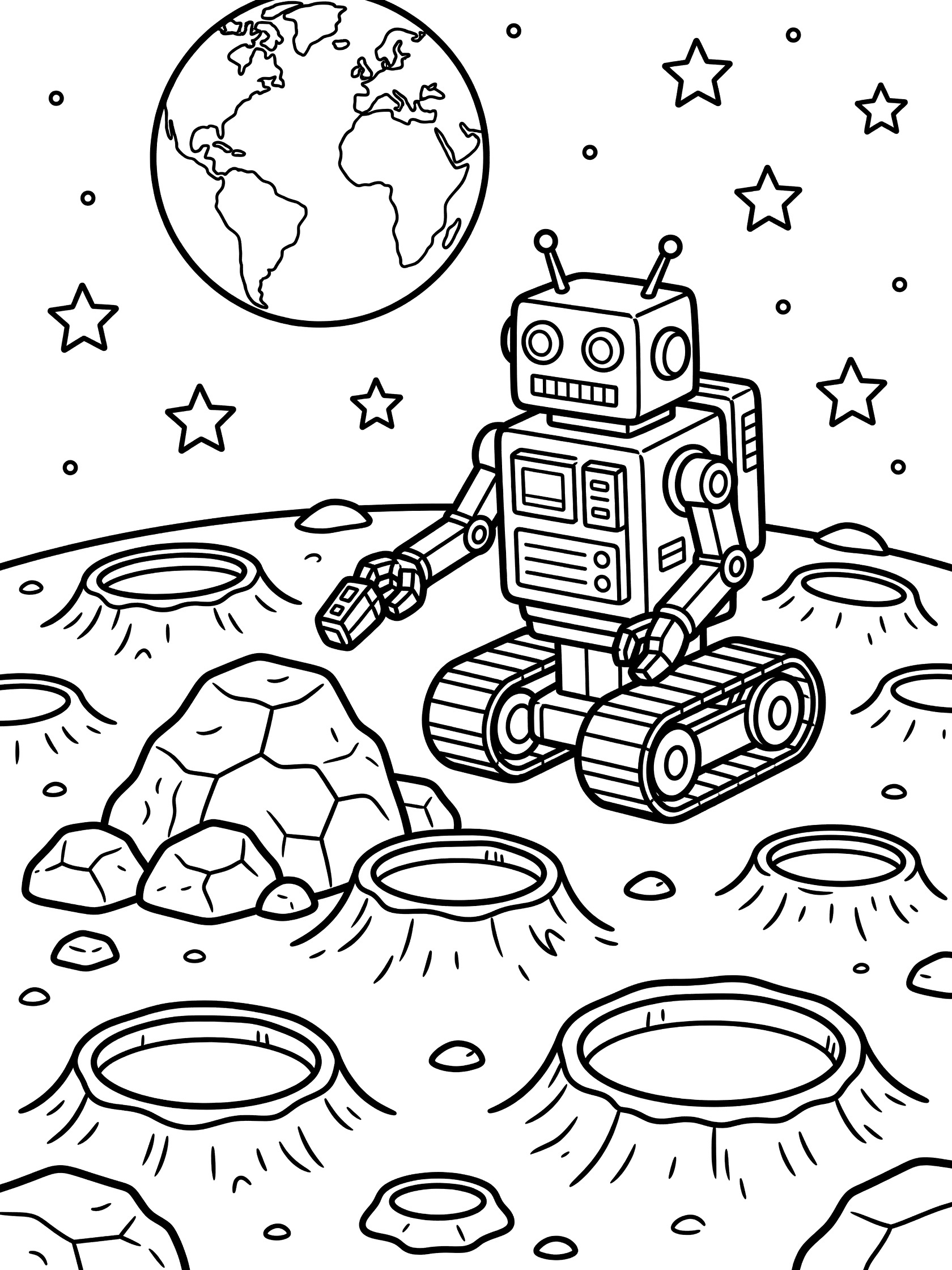 Black and white line art coloring page showing a boxy retro robot on treads exploring craters and rocks on the moon surface with Earth and stars in the black sky