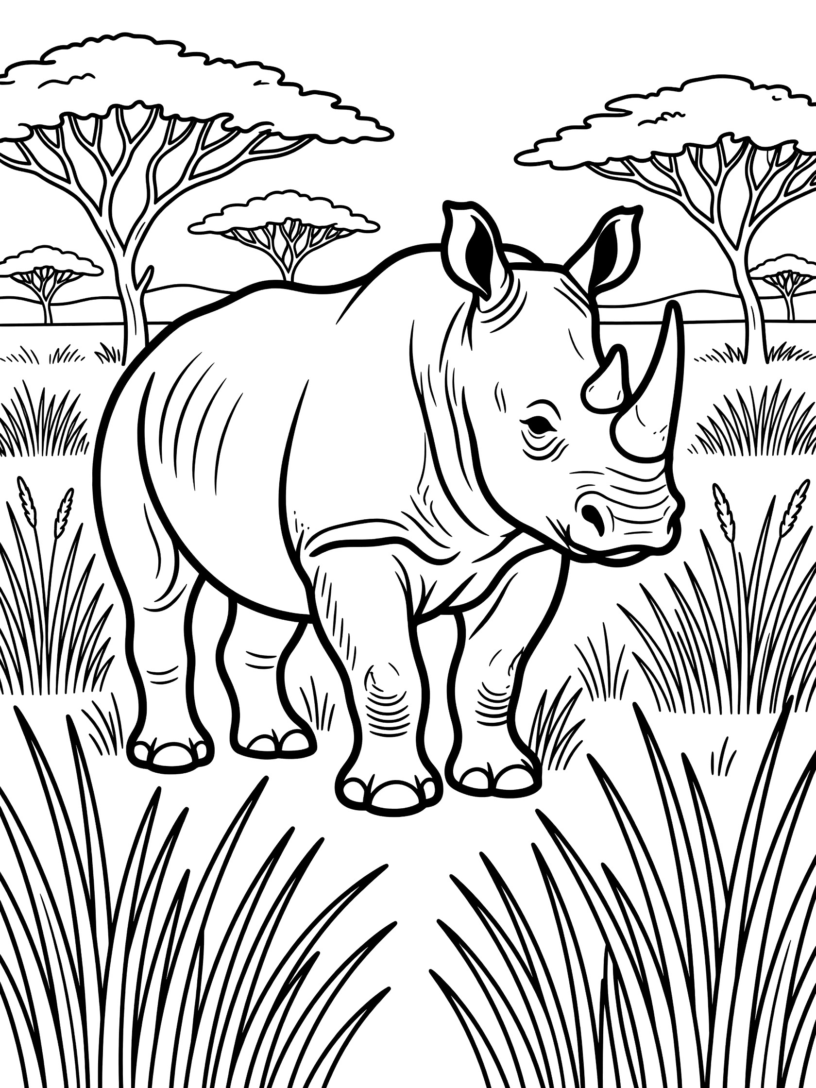 Black and white line art coloring page showing a rhinoceros in a savanna scene with tall grasses and distant acacia trees.