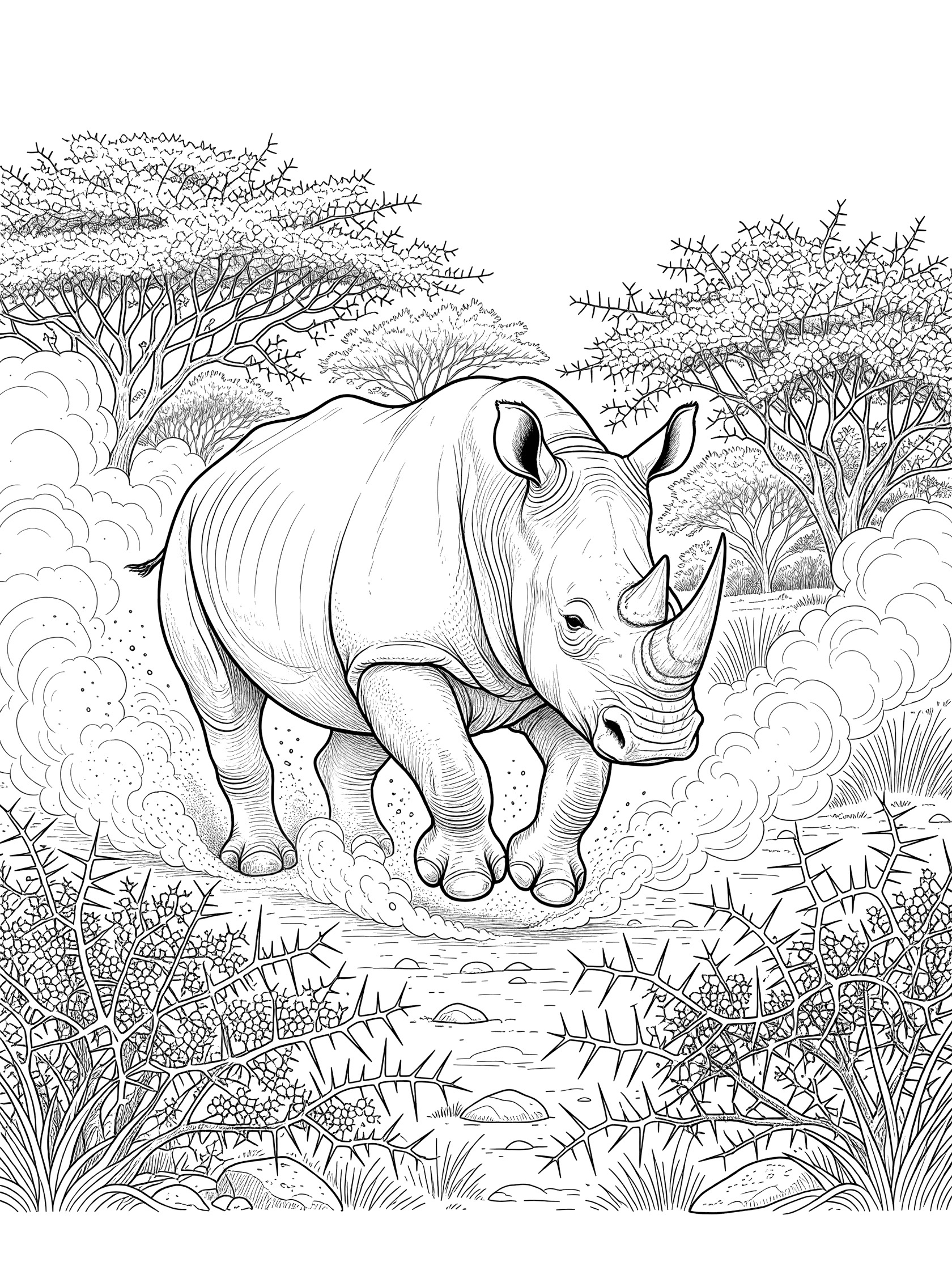 Black and white line art coloring page showing a rhinoceros charging forward through thorny bushes with dust clouds, acacia trees, and grass in a savanna scene.