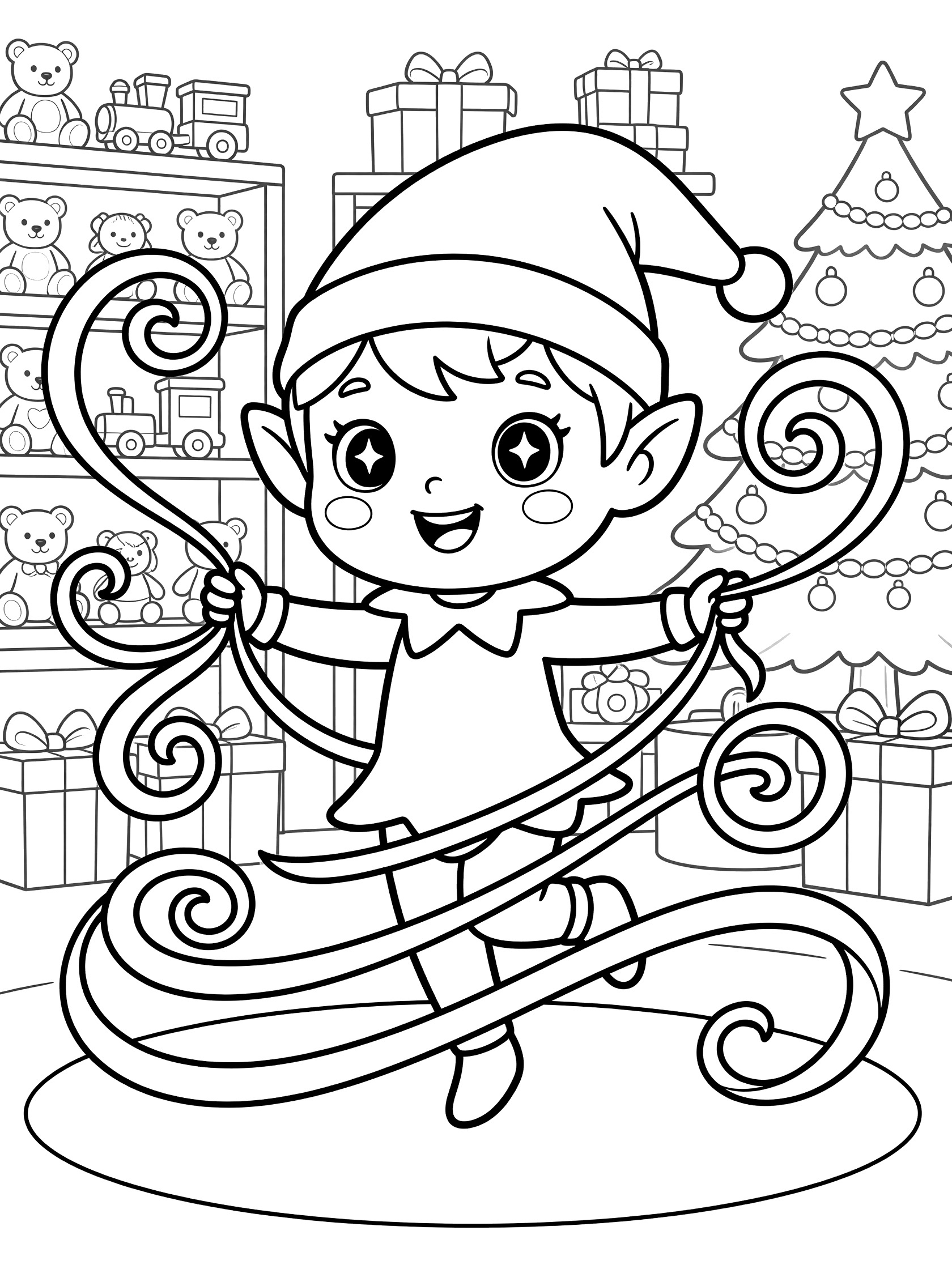 Black and white coloring page of a kawaii Christmas elf twirling with long ribbons in a festive workshop with toy shelves, stacked gifts, and a Christmas tree.