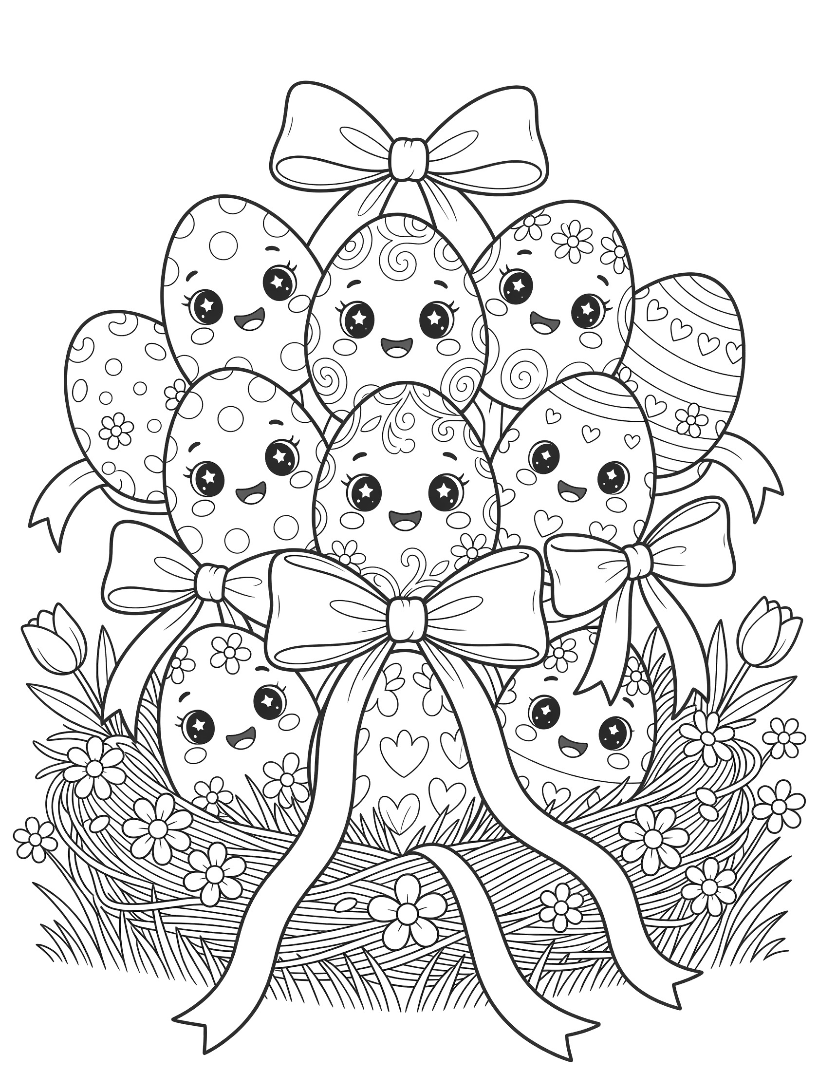 Kawaii decorative Easter eggs with big eyes and smiles, tied in ribbons with floppy bows, sitting in a grass nest with daisies and tulips coloring page