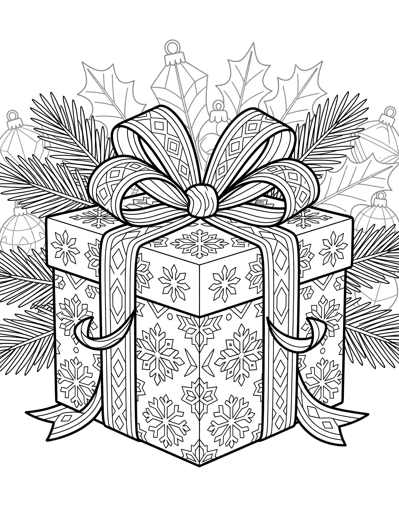 Black and white line art coloring page showing a rectangular Christmas present with snowflake wrapping paper, elaborate ribbon bow, pine branches, holly, and geometric ornaments.