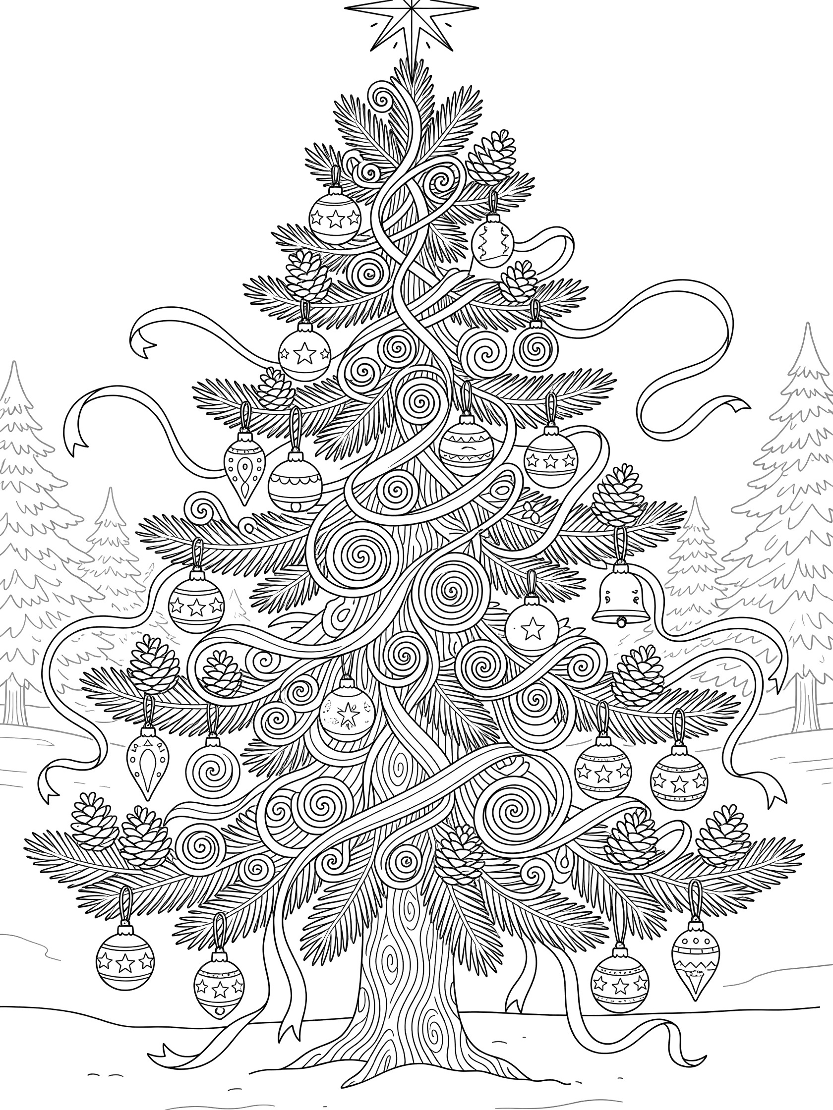 Detailed line art coloring page of an asymmetrical Christmas tree covered in looping ribbons, dangling ornaments, pine cones, and starry top in a snowy scene with background trees.