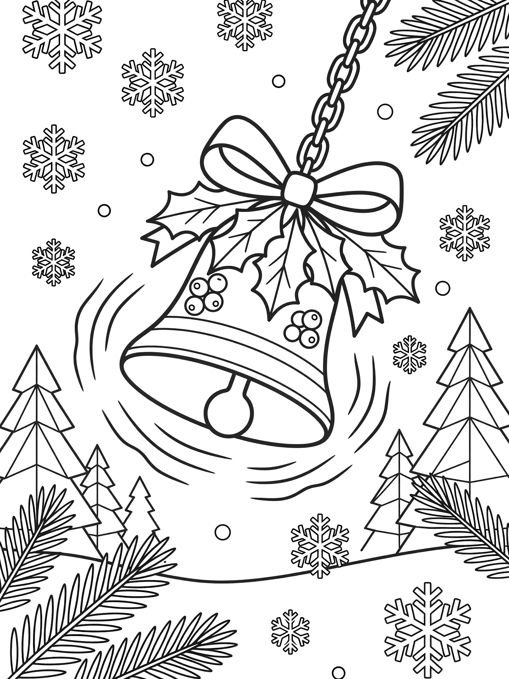 Black and white line art of a large ringing Christmas bell with clapper, holly leaves, berries, ribbon bow, chain, falling snowflakes, pine branches and geometric Christmas trees.