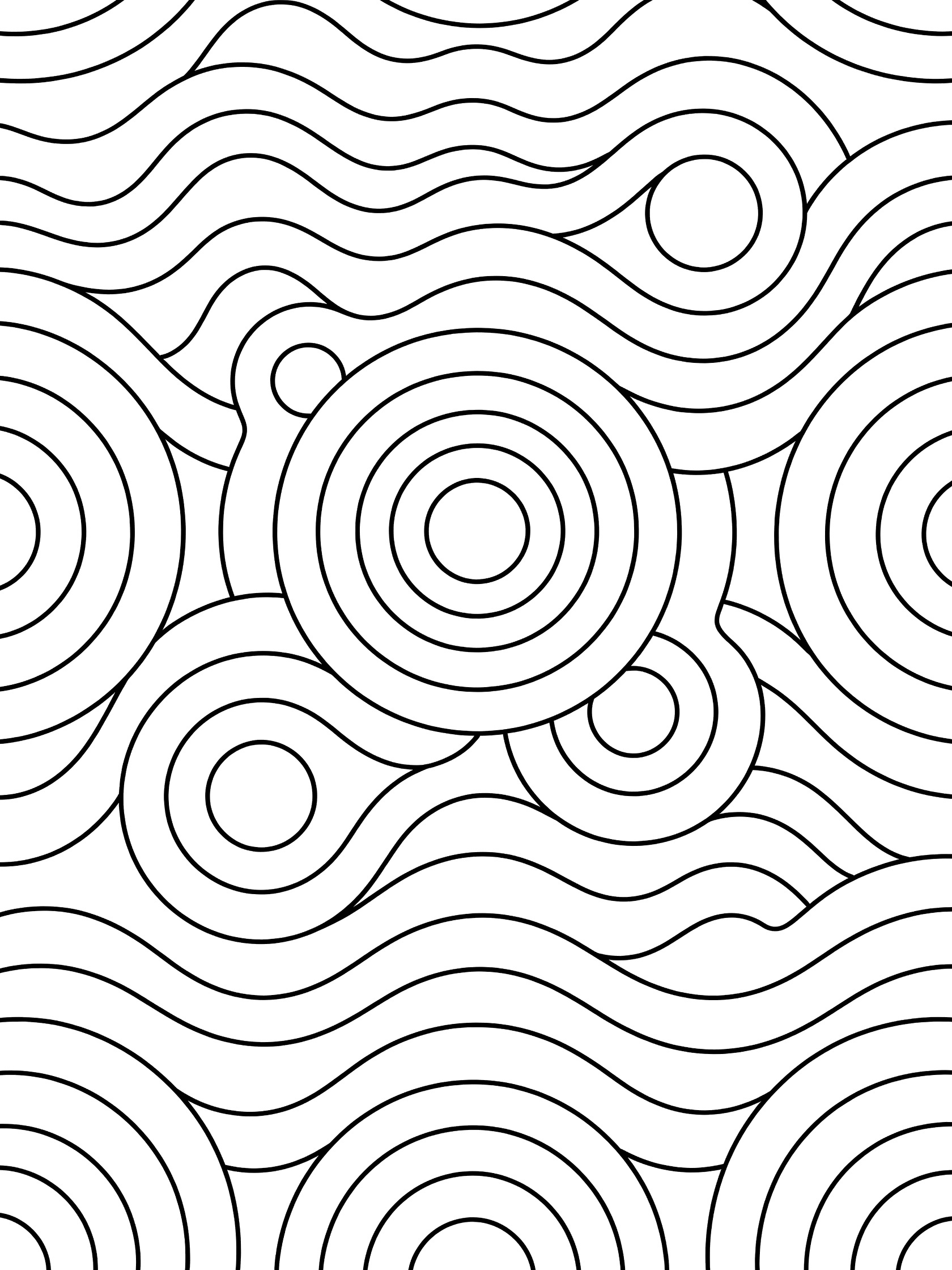 Black and white coloring page of geometric rippling waves with concentric circles and wavy lines forming layered patterns.