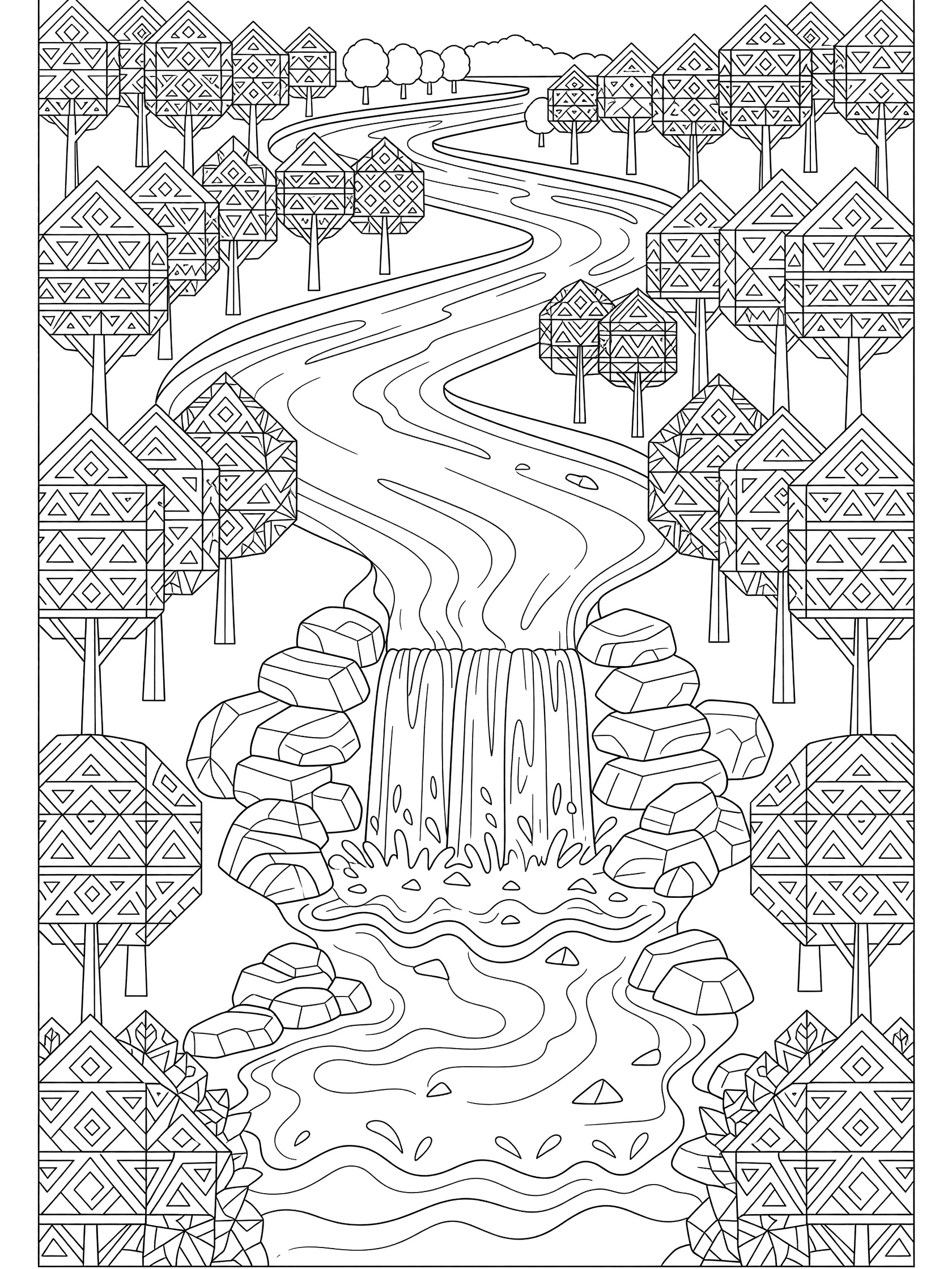 Black and white line art coloring page showing a winding river flowing past a geometric waterfall surrounded by patterned trees and foliage. Danube River themed black and white printable line art