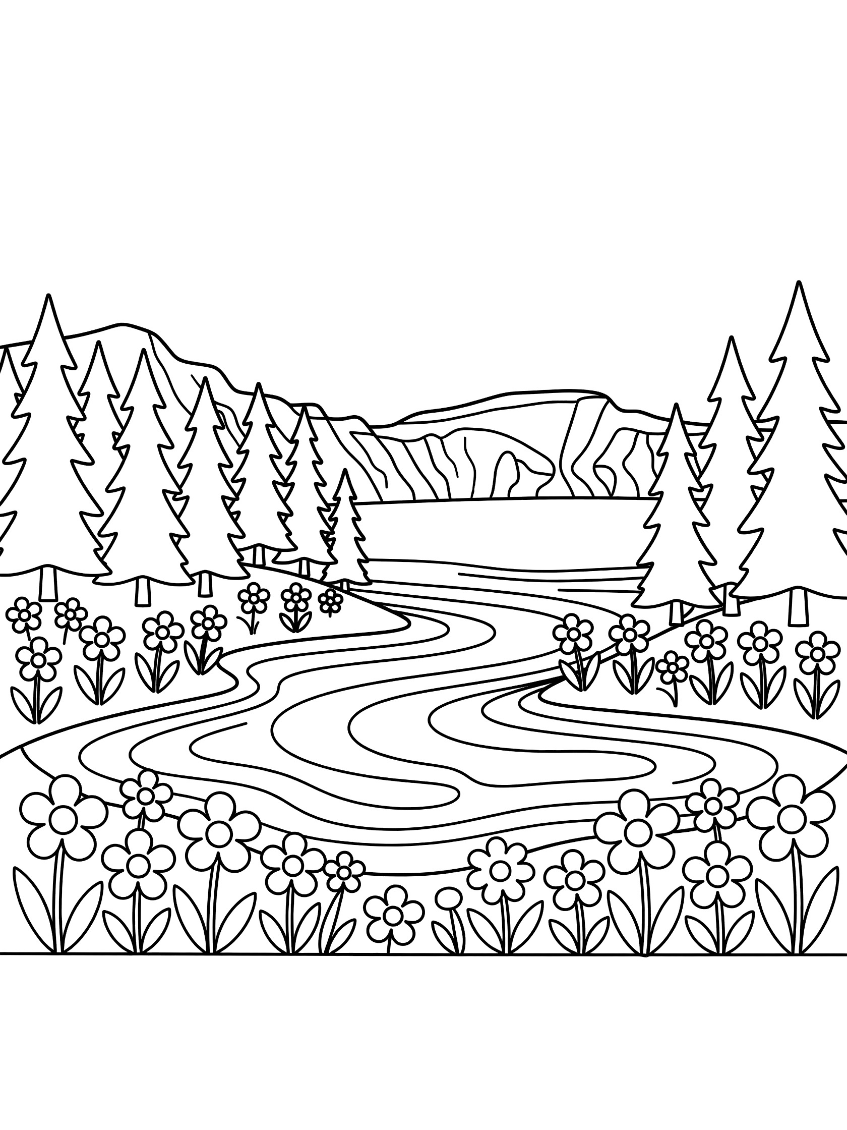 Black and white line art coloring page showing a lake with wavy river, pine trees, mountains, and simple flowers along the shore. Crater Lake themed black and white printable line art