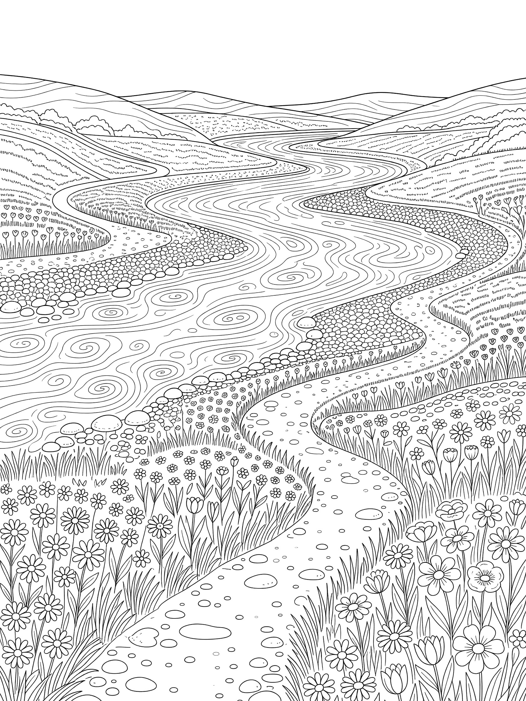 Black and white line art coloring page of a curving river flowing through hills, with a winding path, detailed grass, flowers, and pebble areas. Danube River themed black and white printable line art