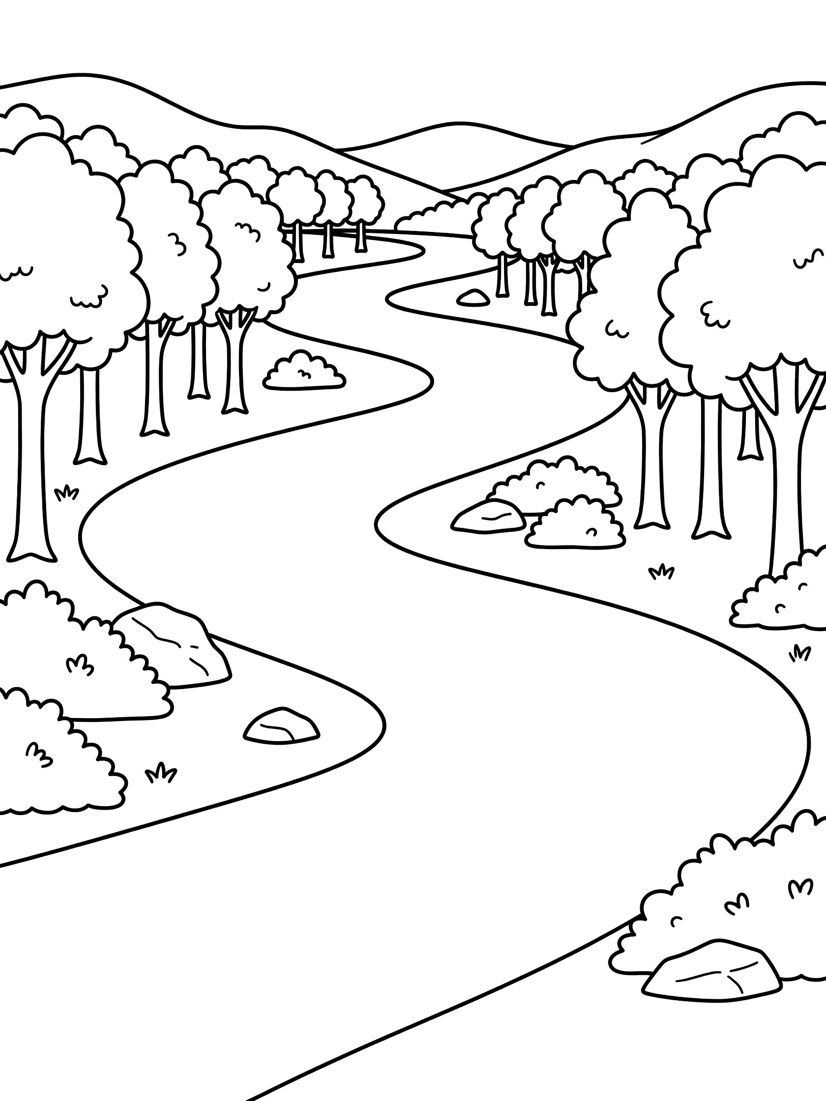 Black and white line art coloring page showing a curving river flowing between tree-lined hills with bushes and rocks along the banks. Mississippi River themed black and white printable line art