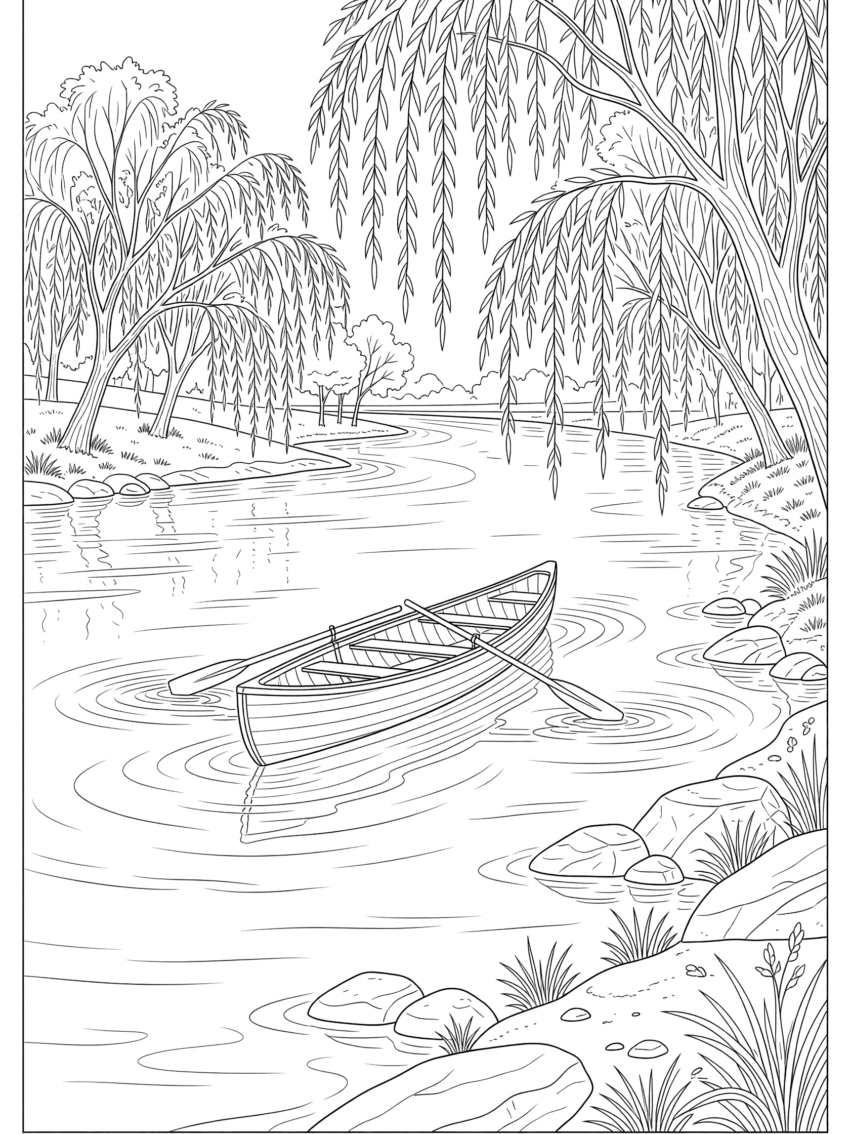Black and white line art coloring page showing a canoe paddling on a winding river lined with overhanging willow trees and rocks on the shore. Mississippi River themed black and white printable line art