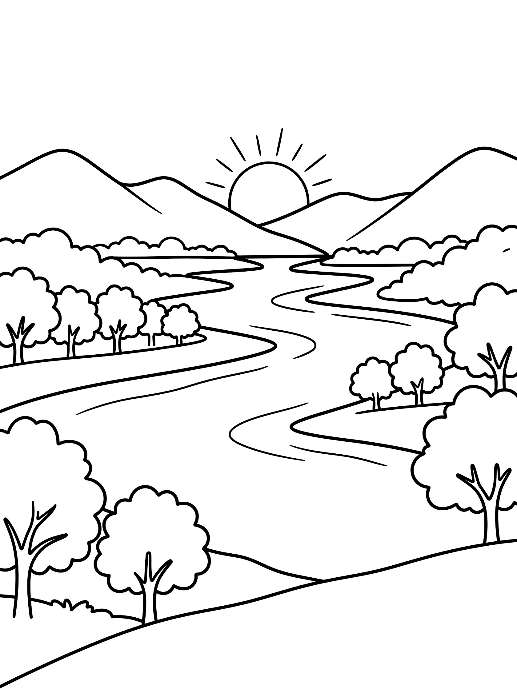 Black and white line art coloring page showing a river flowing between banks lined with trees, mountains in the background, and a sun with rays. Yangtze River themed black and white printable line art