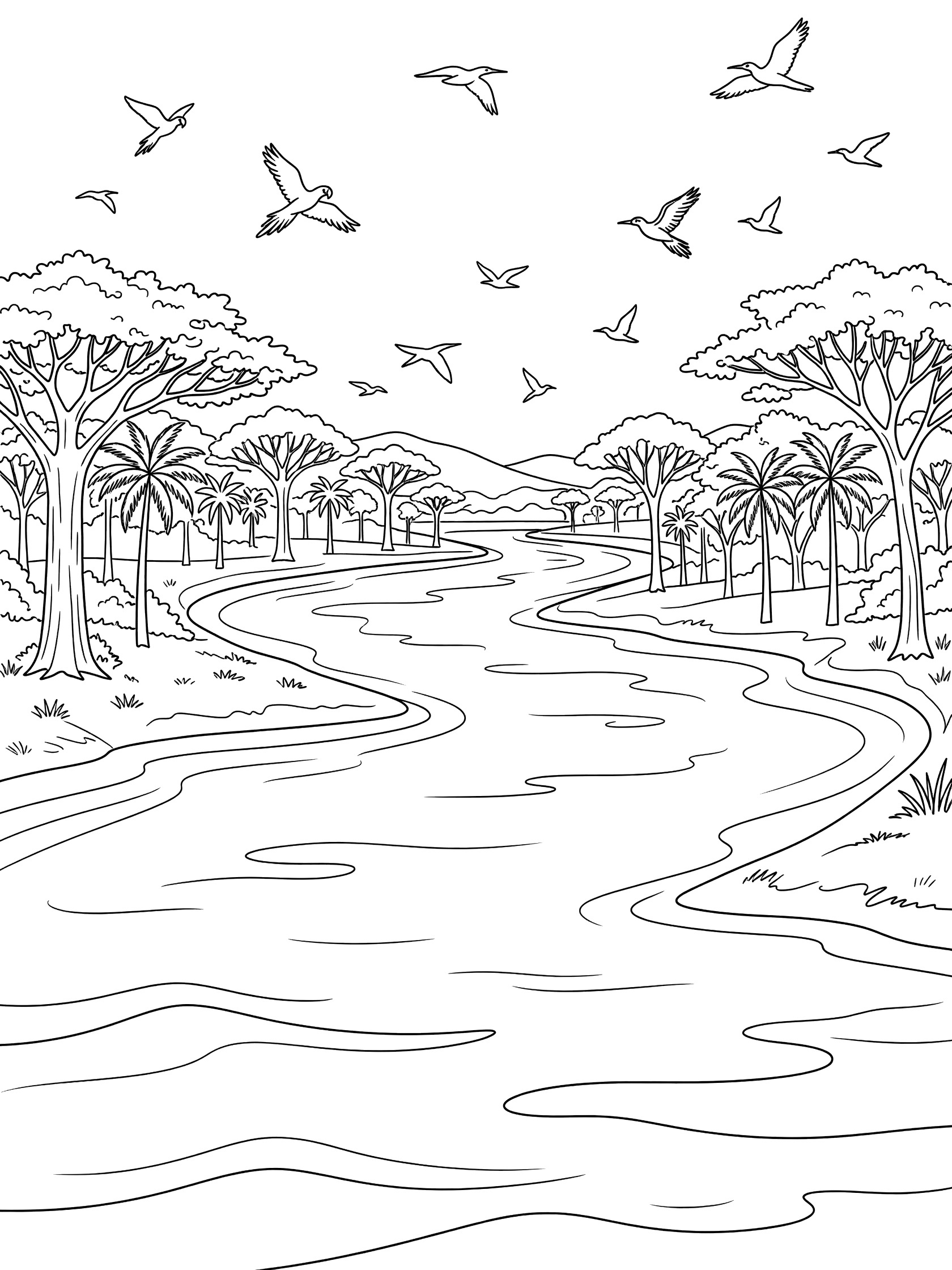 Black and white line art coloring page showing a curving river between palm trees with birds in flight above. Amazon River themed black and white printable line art