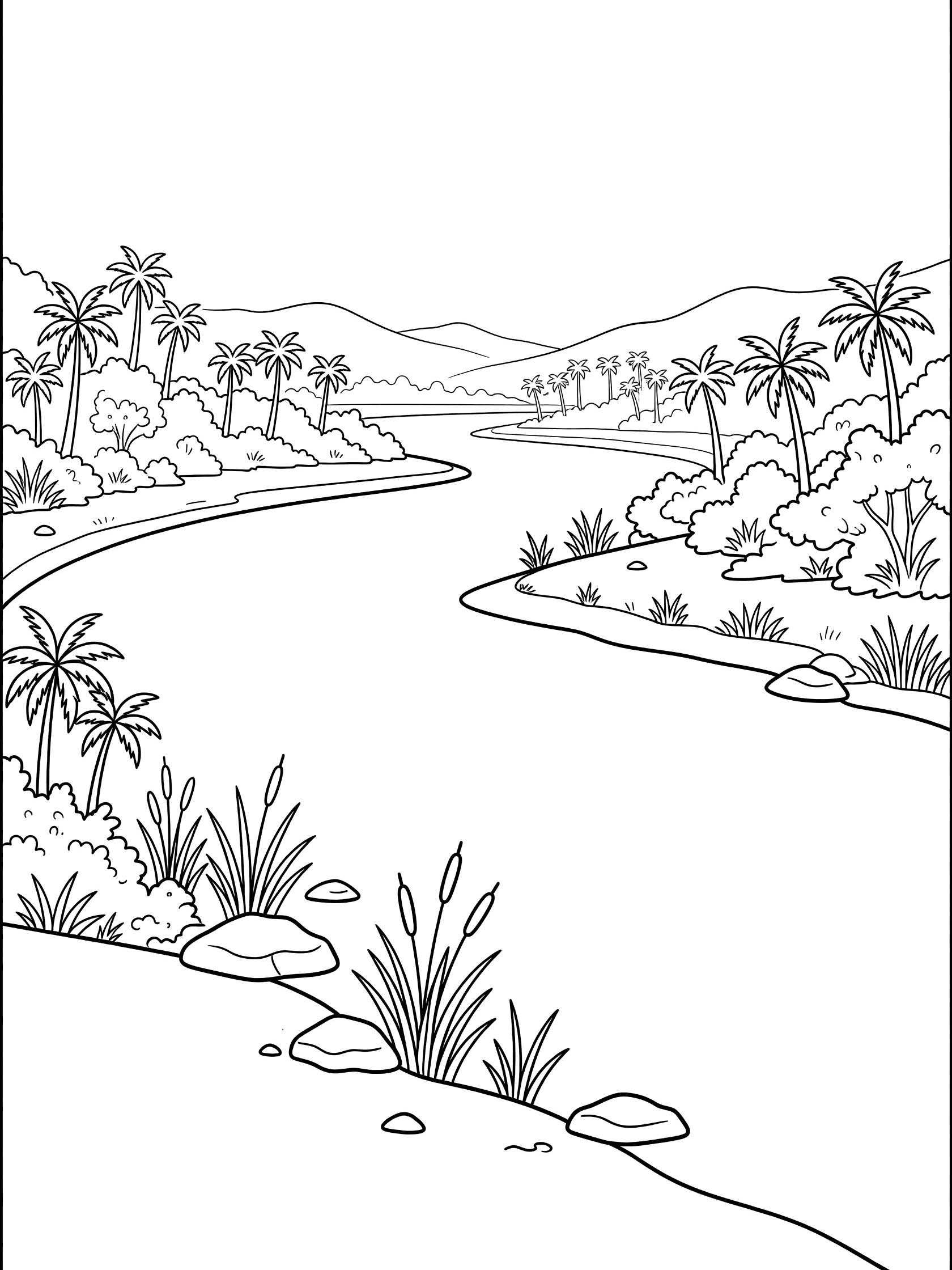 Black and white line art coloring page showing a curving river between banks lined with palm trees, reeds, rocks, bushes, and distant hills. Ganges River themed black and white printable line art