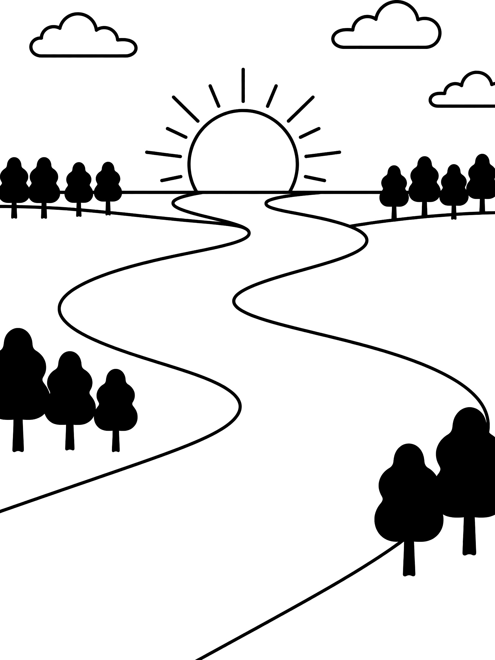 Black and white line art coloring page showing a curving river flowing through a landscape with a large sunrise sun, rays, clouds above, and trees lining both banks. Mississippi River themed black and white printable line art