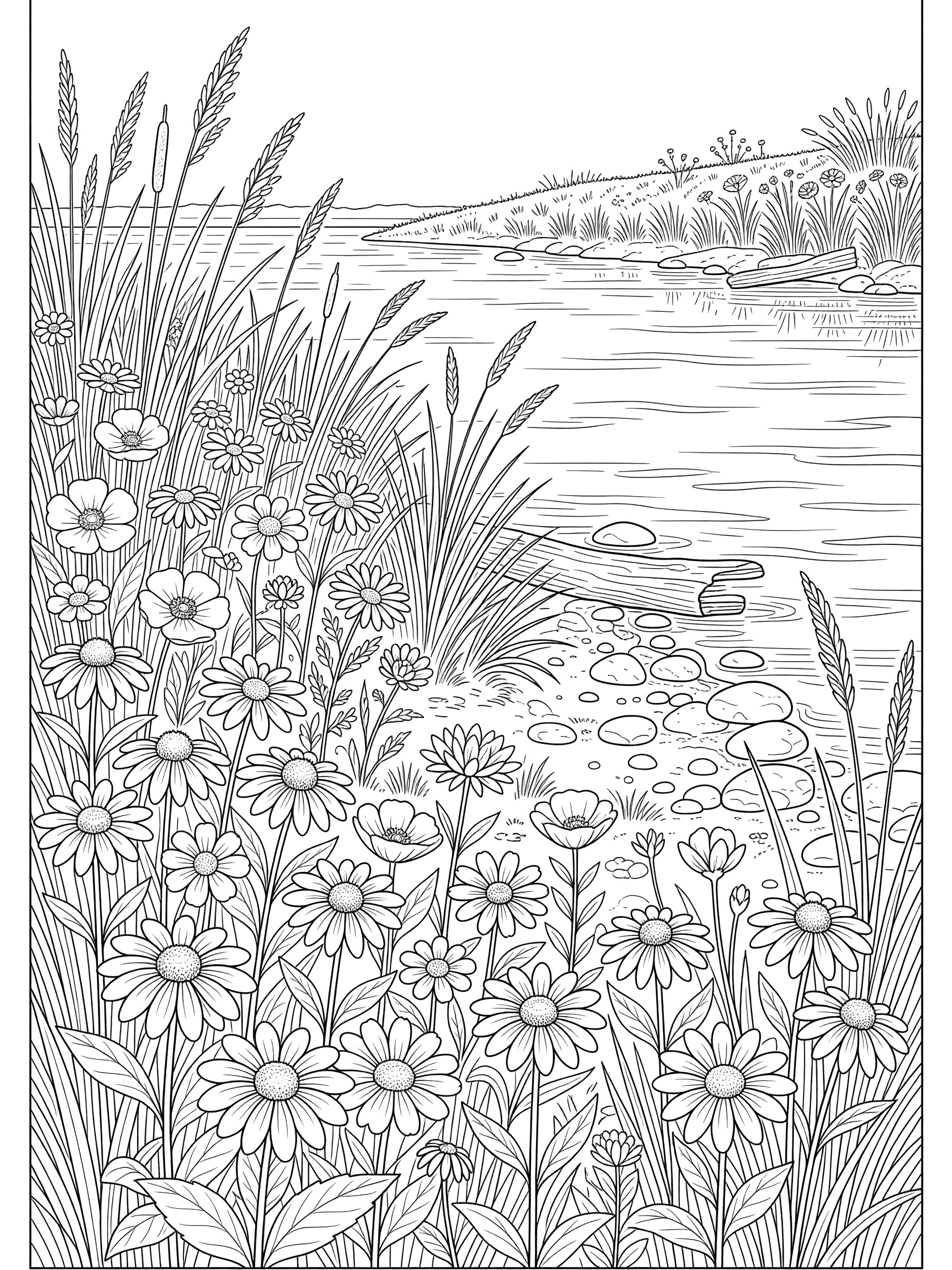 Black and white line art coloring page showing clusters of daisies and tall reeds along a river bank with flowing water, pebbles, rocks, and driftwood. Mississippi River themed black and white printable line art