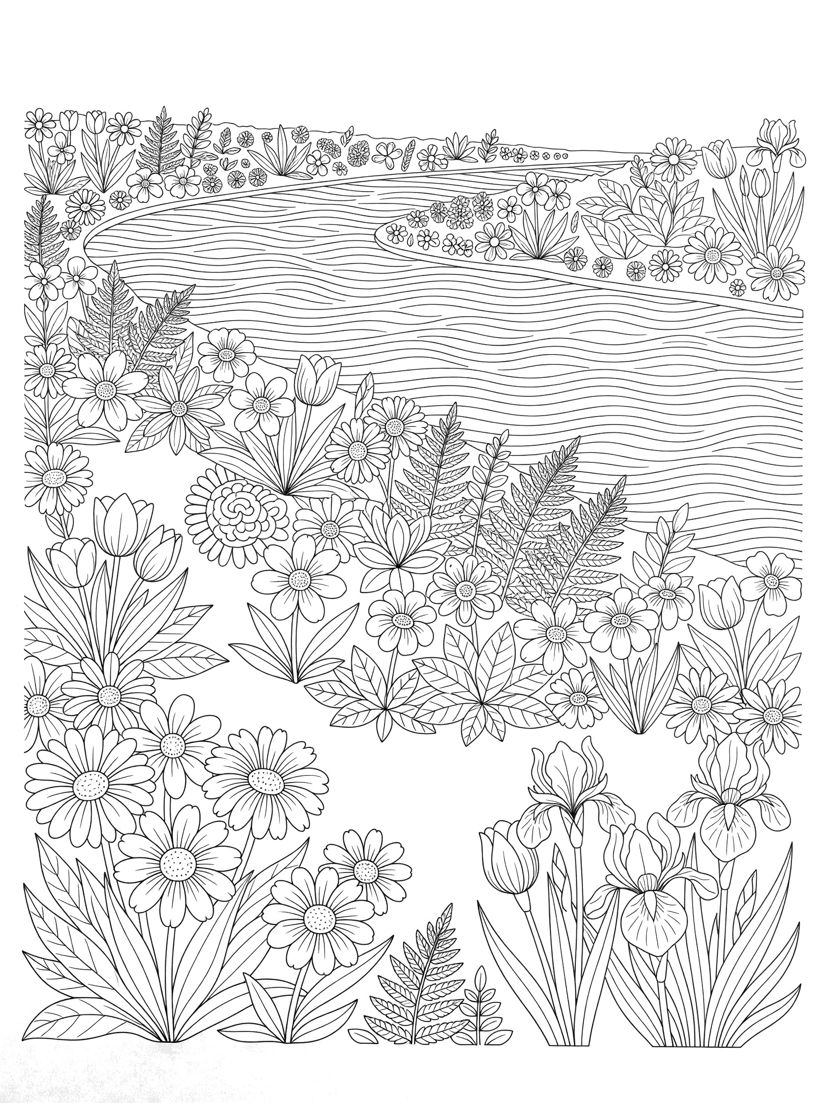 Black and white line art coloring page of flowers and plants along a winding river with wavy water lines and detailed leaves. Danube River themed black and white printable line art