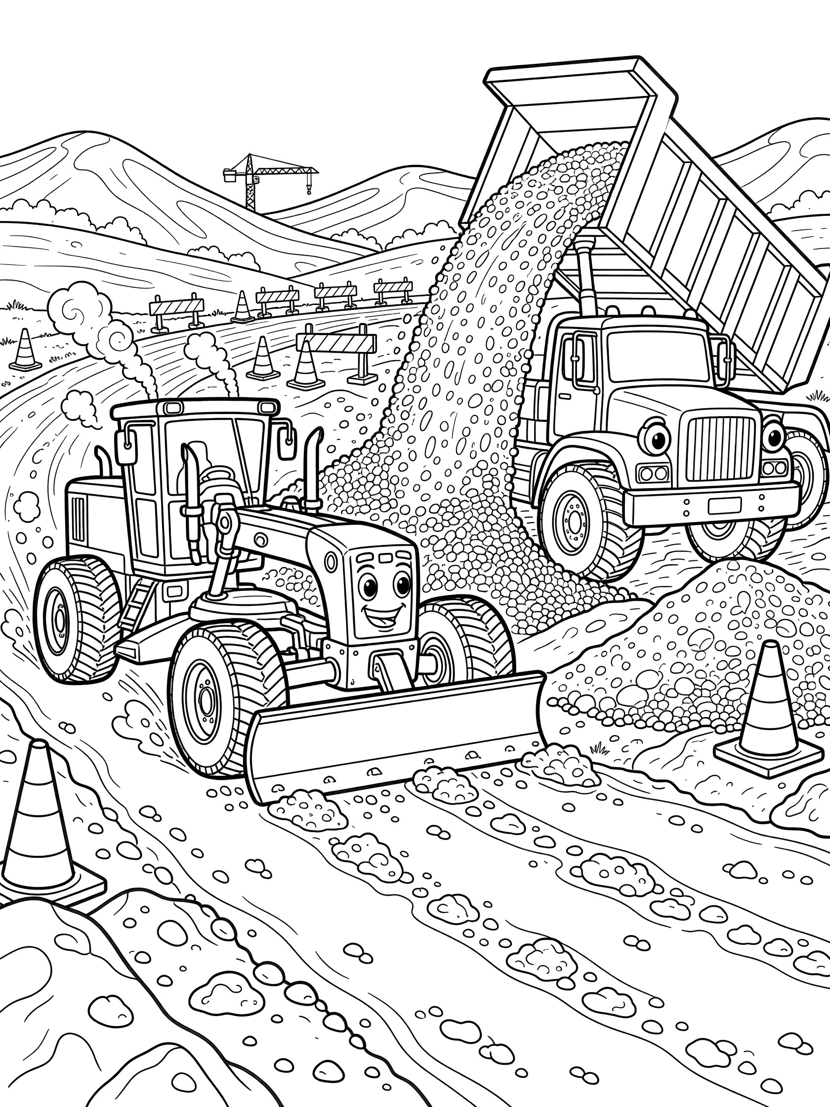 Whimsical line art coloring page showing a smiling road grader scraping a bumpy road beside a dump truck dumping gravel, with orange cones, rolling hills, and distant crane.