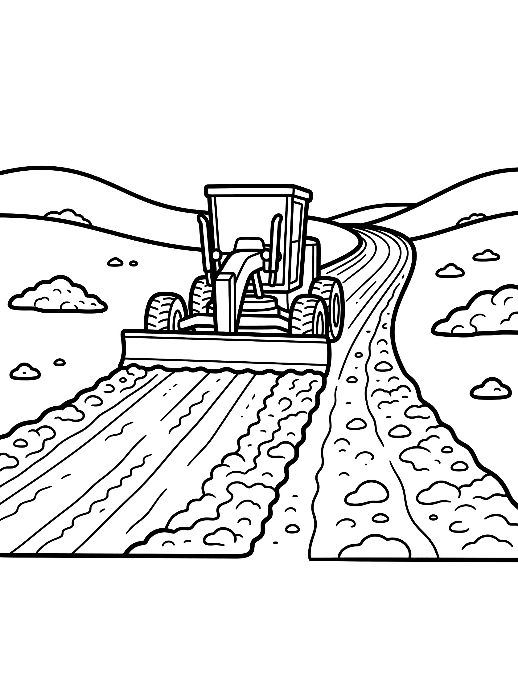 Black and white line art of a road grader driving on a bumpy dirt road, lowering its front blade to level the uneven ground with hills and dirt mounds around.
