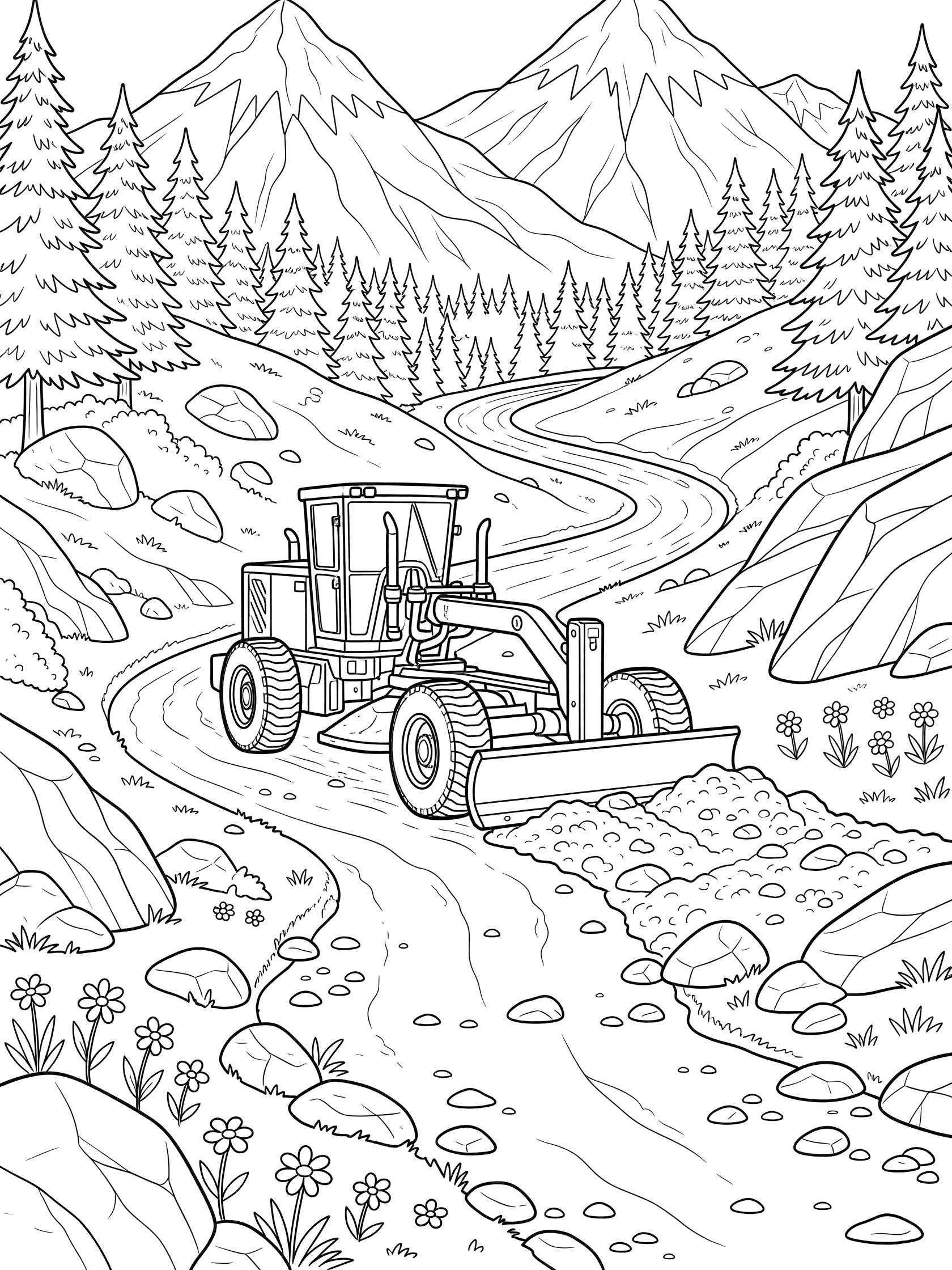 Black and white line art of a road grader leveling a rocky mountain trail with trees, flowers, and distant mountains.