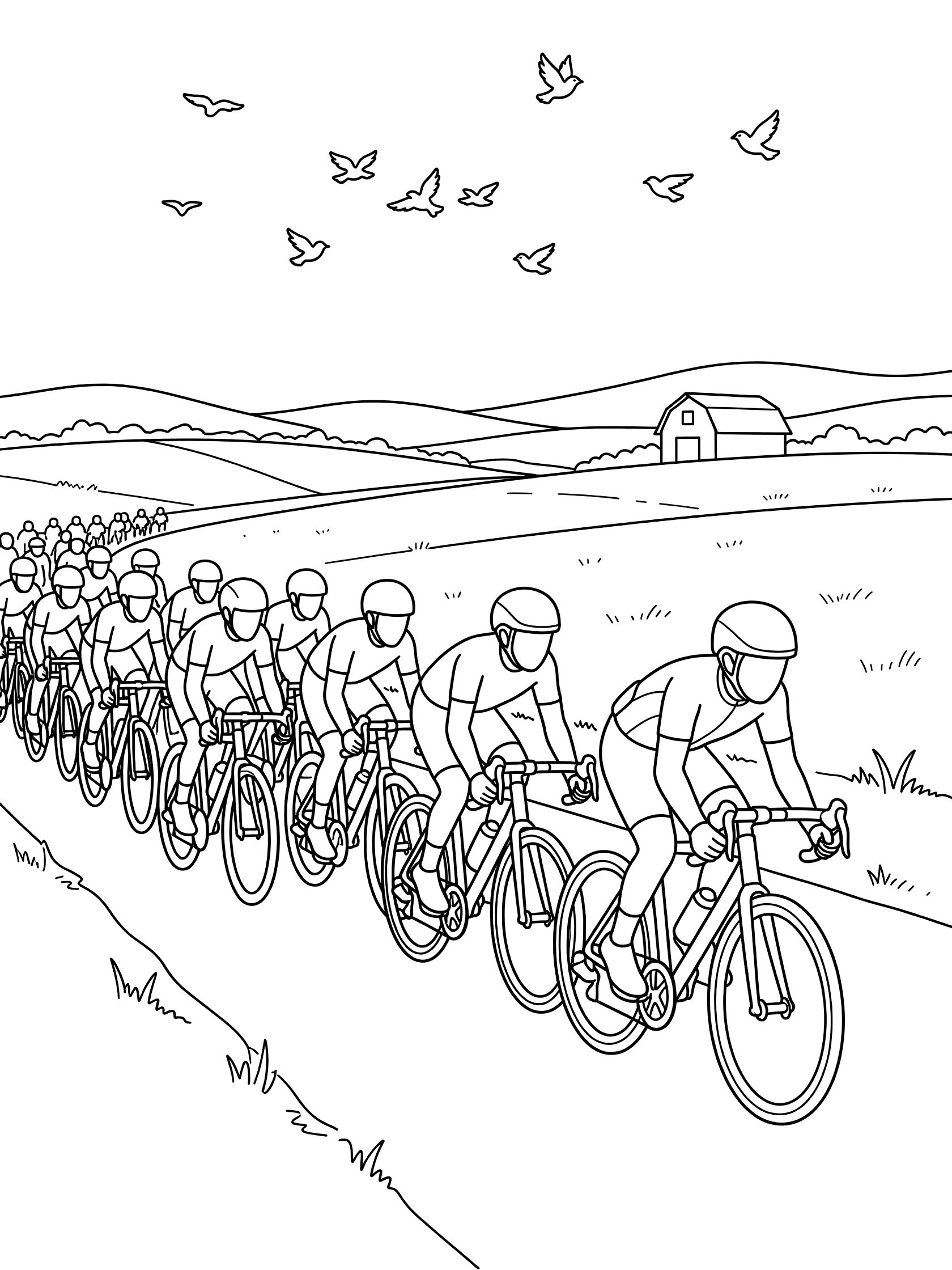 Black-and-white line art of a tight peloton of cyclists in helmets racing bikes through countryside with hills, fields, a distant barn, and birds flying above.