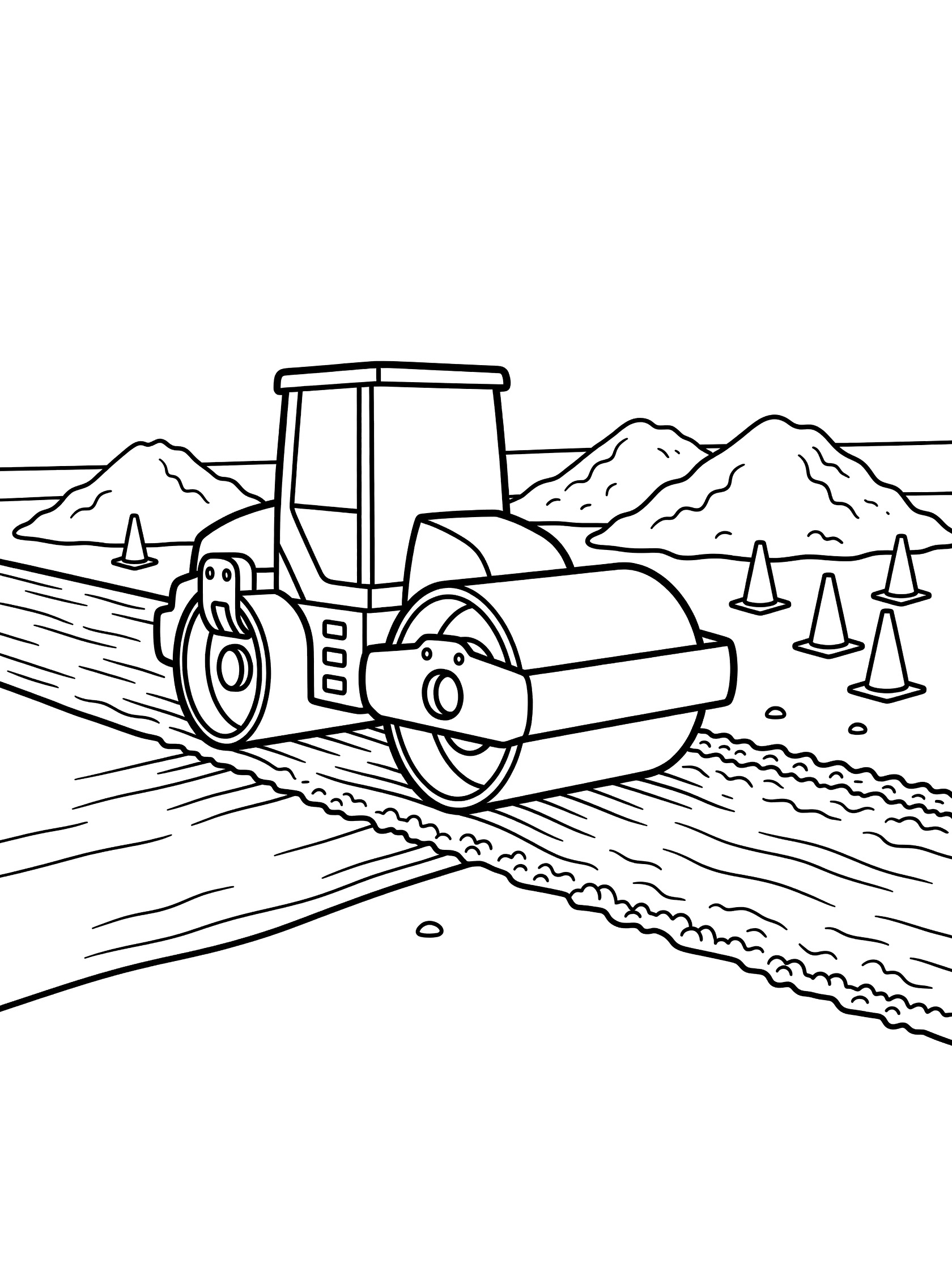 Black and white line art of a road roller with large front and rear drums on gravel path, dirt piles, and traffic cones at construction site.