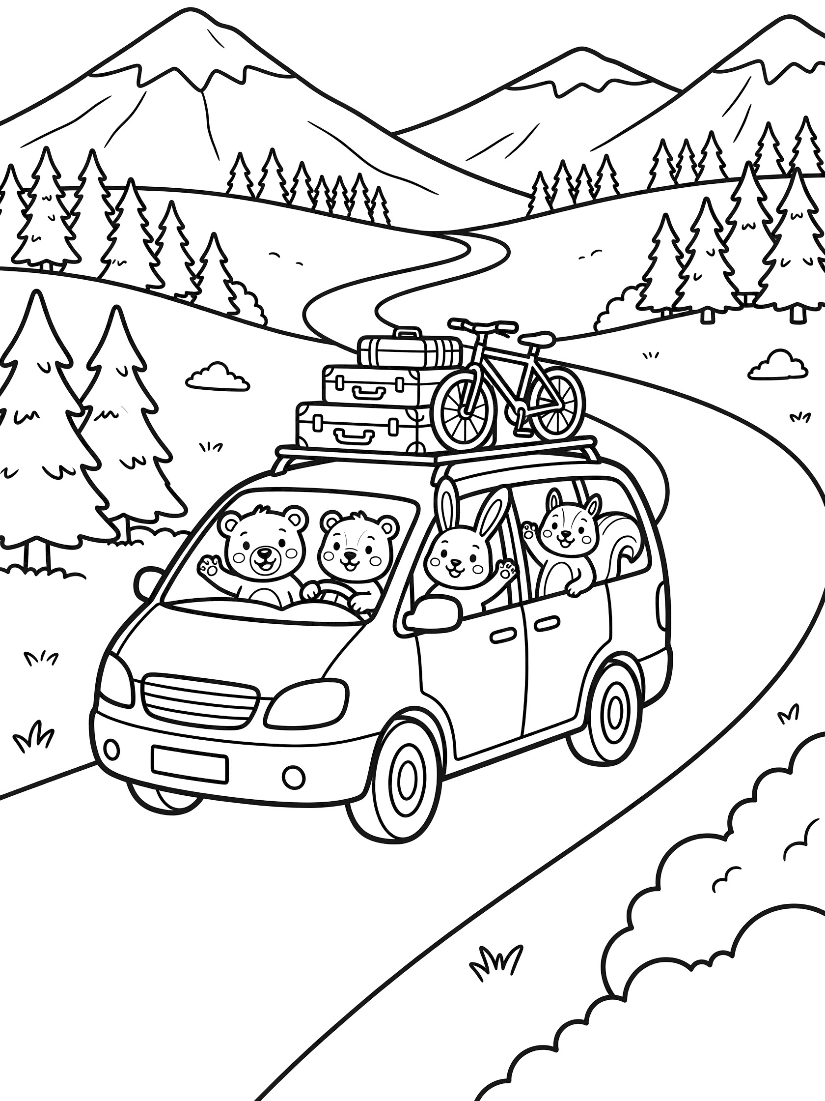 Cute cartoon minivan coloring page for kids showing animal family on road trip adventure along highway with mountains, trees, bike and luggage.