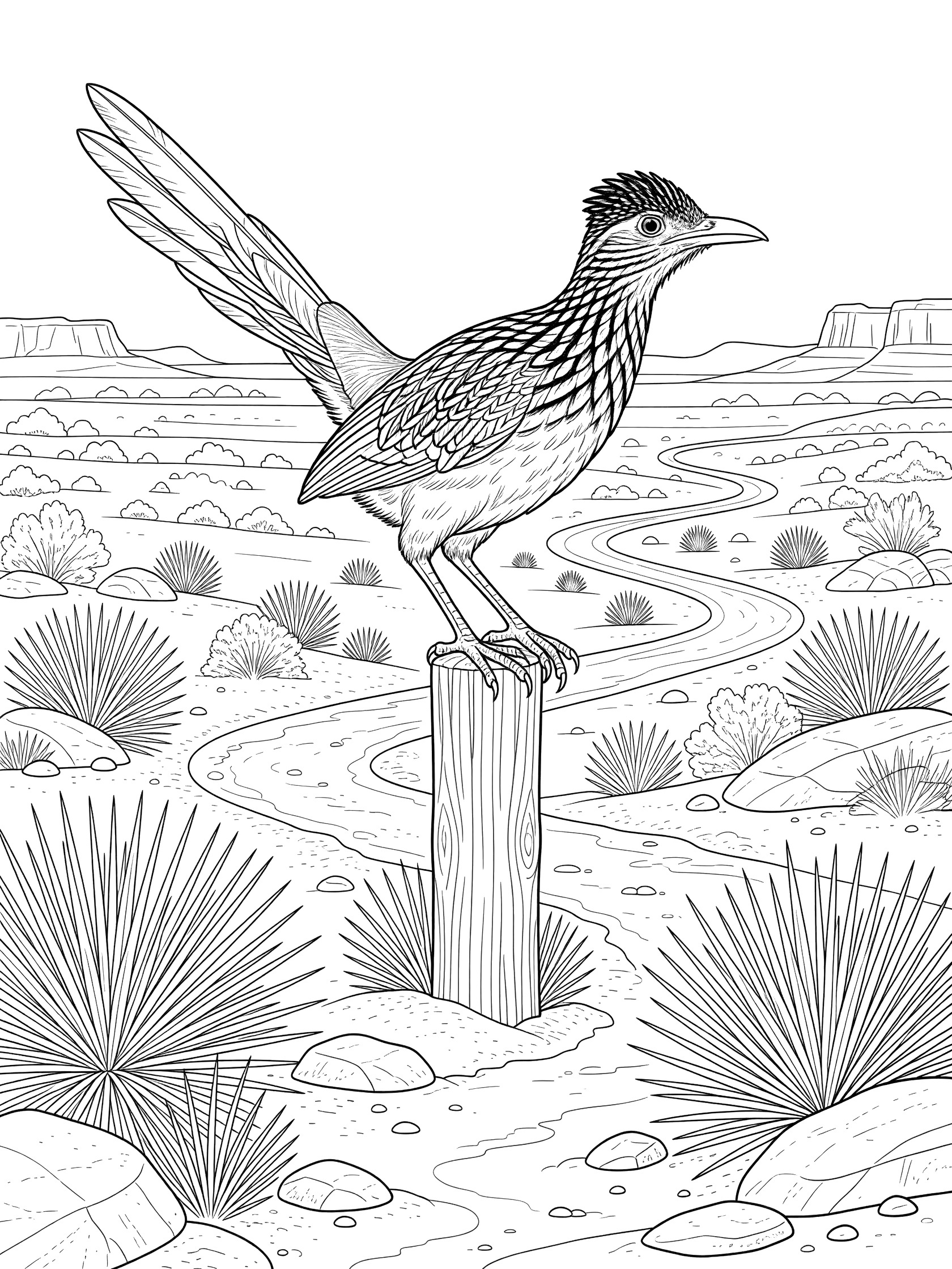 Black and white line art coloring page showing a detailed roadrunner bird perched on a fence post overlooking a desert landscape with spiky plants, rocks, distant mountains, and a curving path.
