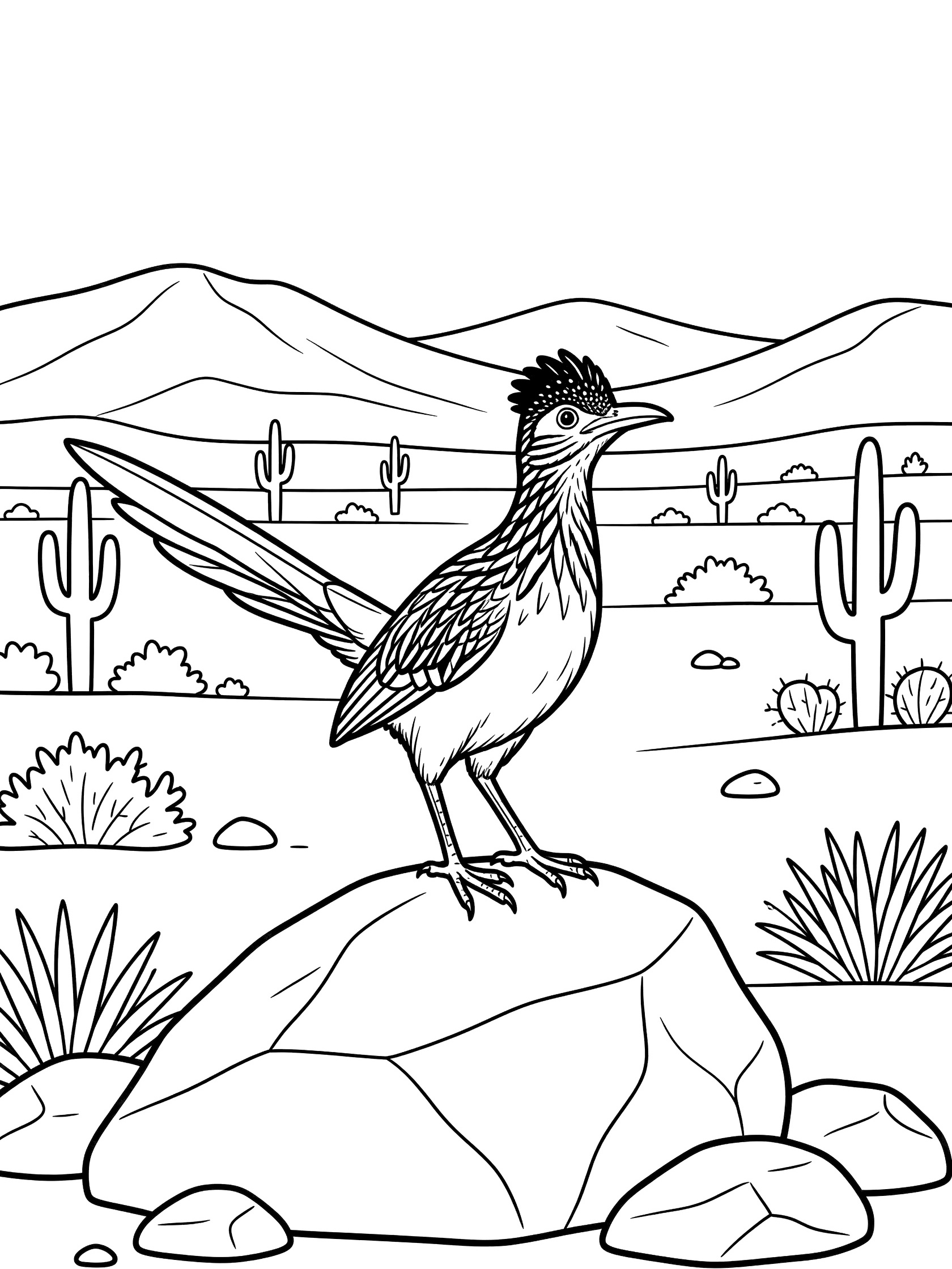 Black and white line art coloring page showing a roadrunner bird with raised crest and fanned tail standing on a large rock in a desert scene with cacti, bushes, and distant mountains.