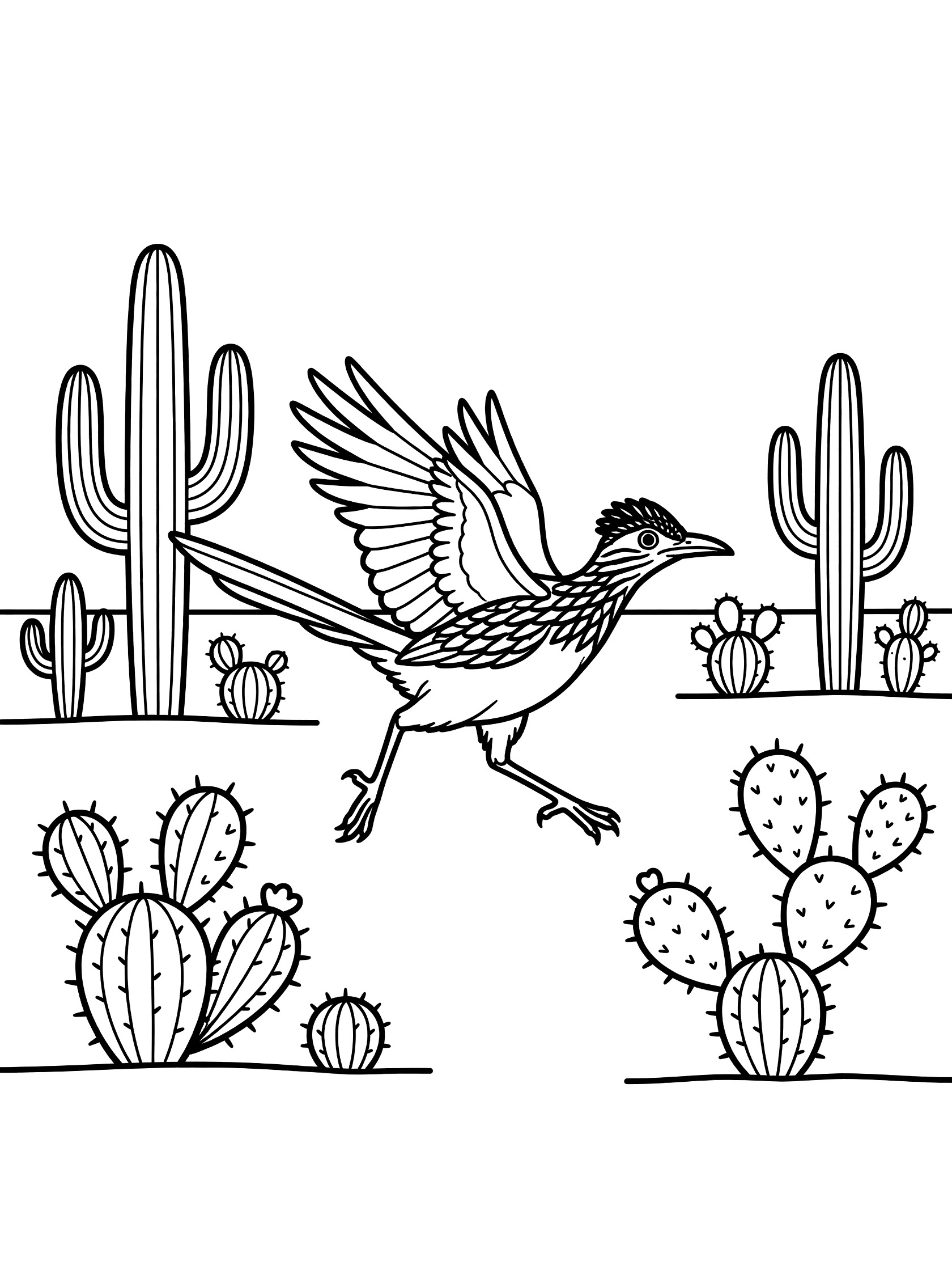 Black and white line art coloring page showing a roadrunner bird with wings spread and legs striding, surrounded by tall and round cacti on a white background.
