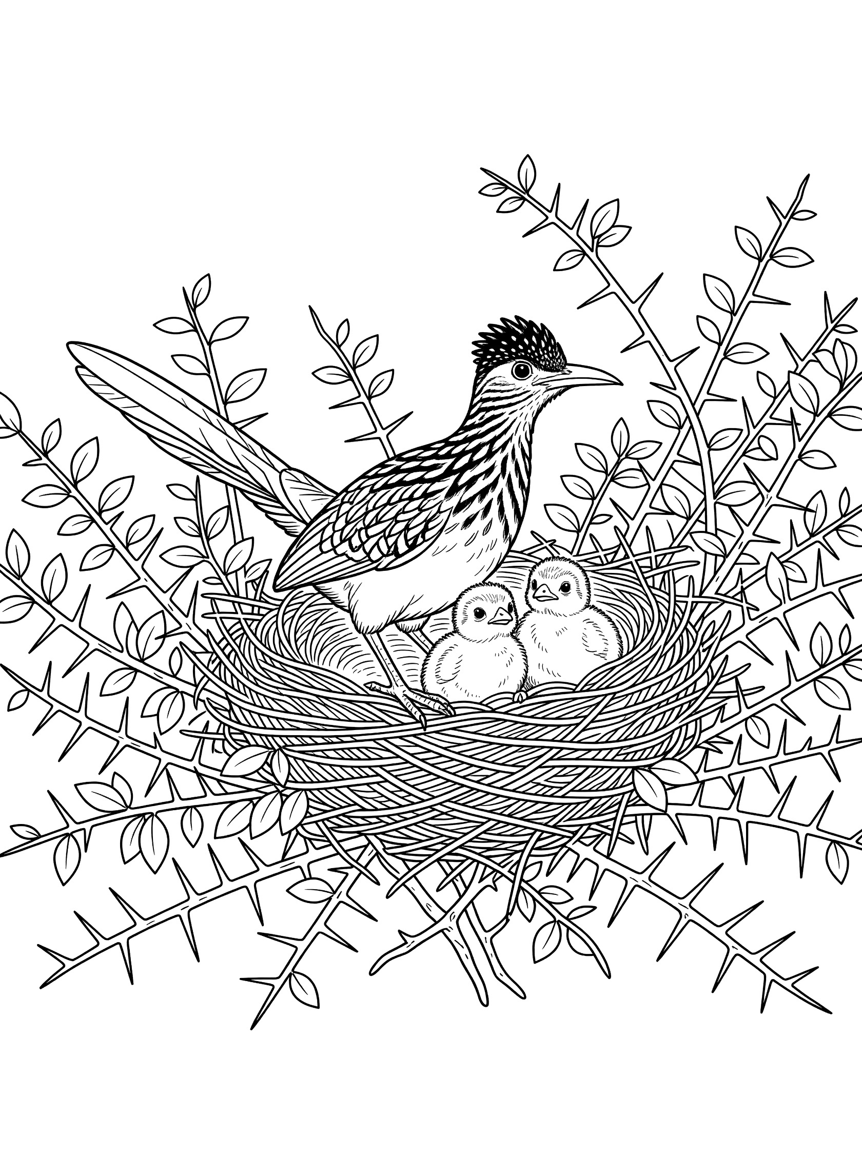 Black and white line art coloring page showing a roadrunner bird on a woven nest with two chicks peeking out, thorny branches and leaves around